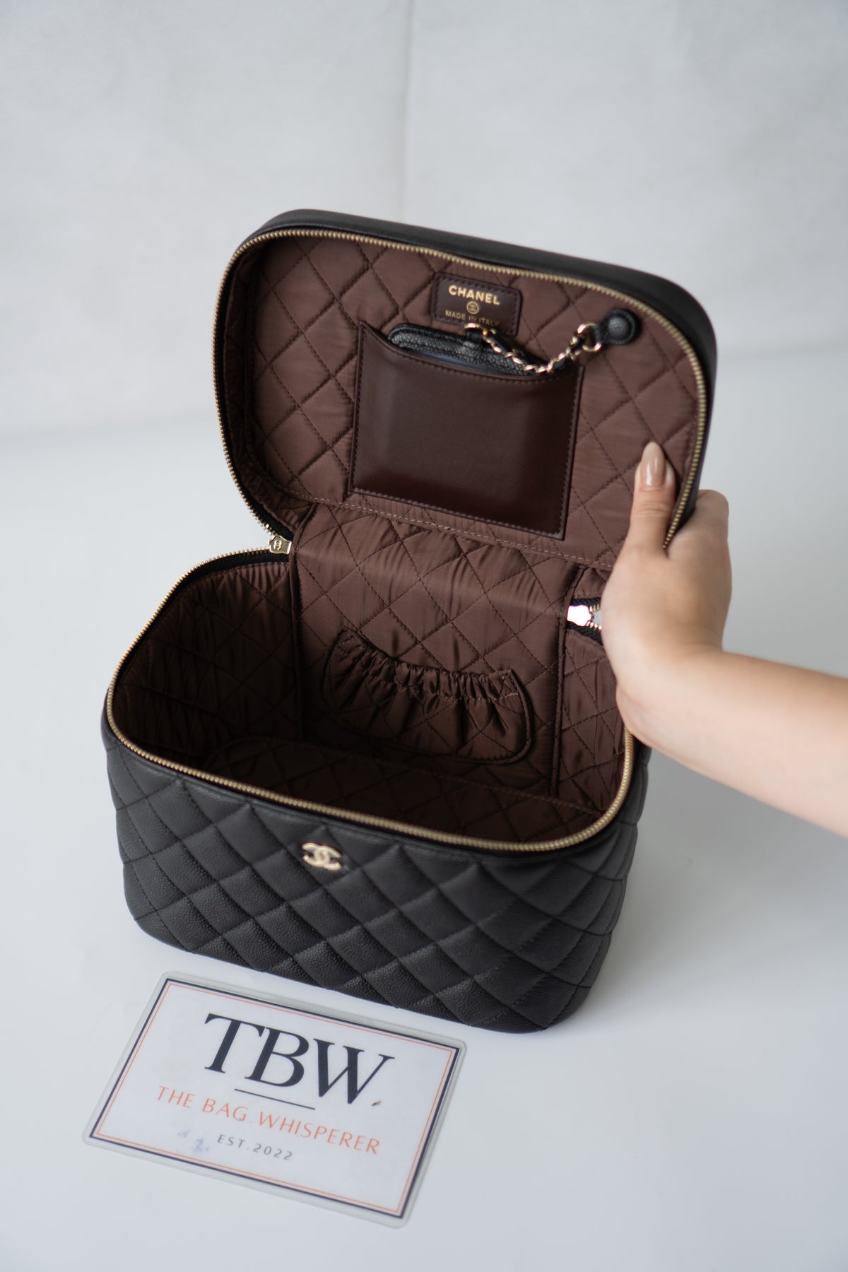 Classic Vanity Case with Top Handle – Black Quilted Caviar Leather with Gold Hardware