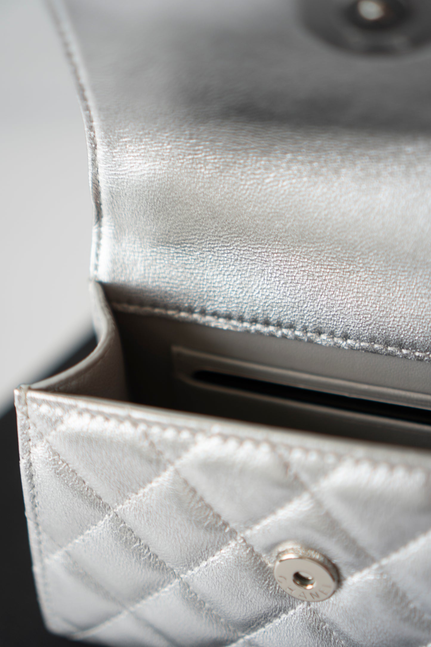 Mini Kelly Shopping Bag – Metallic Silver Quilted Lambskin with Silver Hardware
