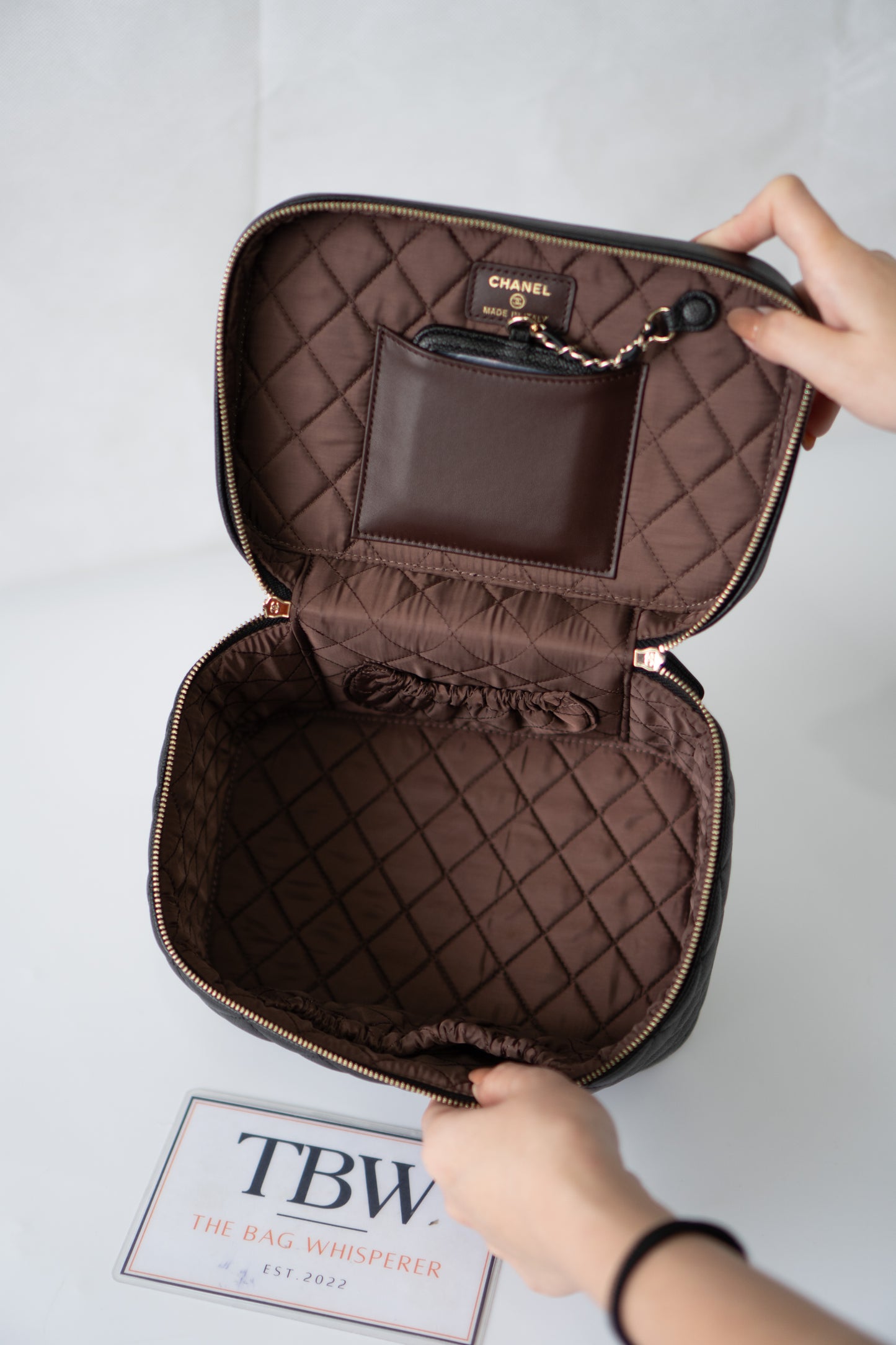 Classic Vanity Case with Top Handle – Black Quilted Caviar Leather with Gold Hardware