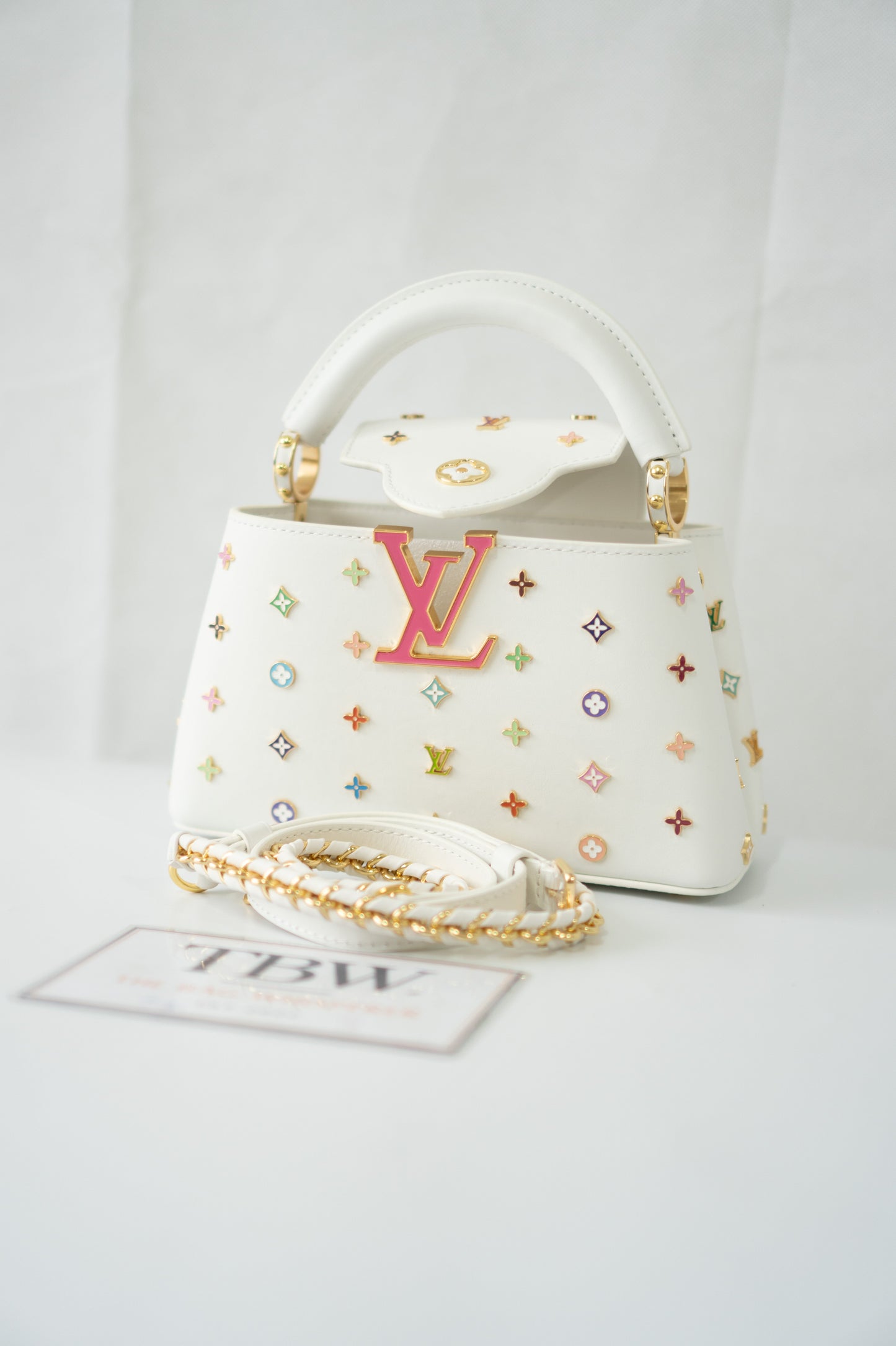Capucine Mini – White Leather with Multicolored Flower Accents and Gold Hardware