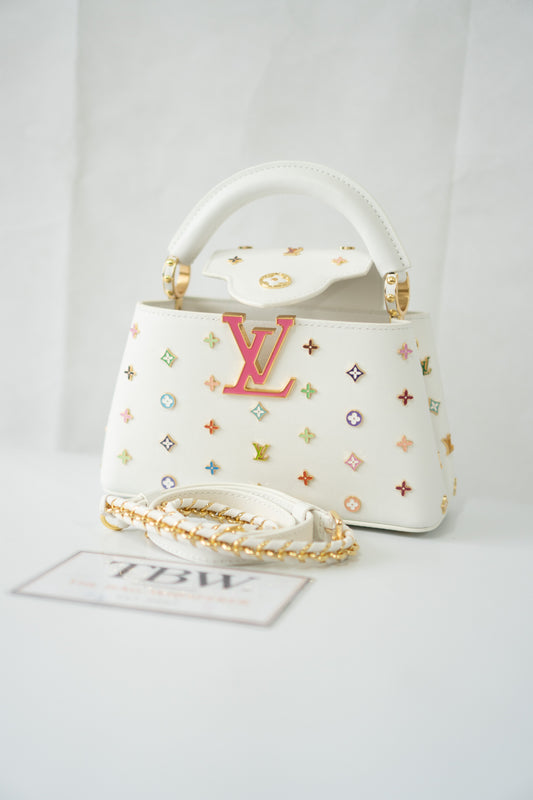 Capucine Mini – White Leather with Multicolored Flower Accents and Gold Hardware