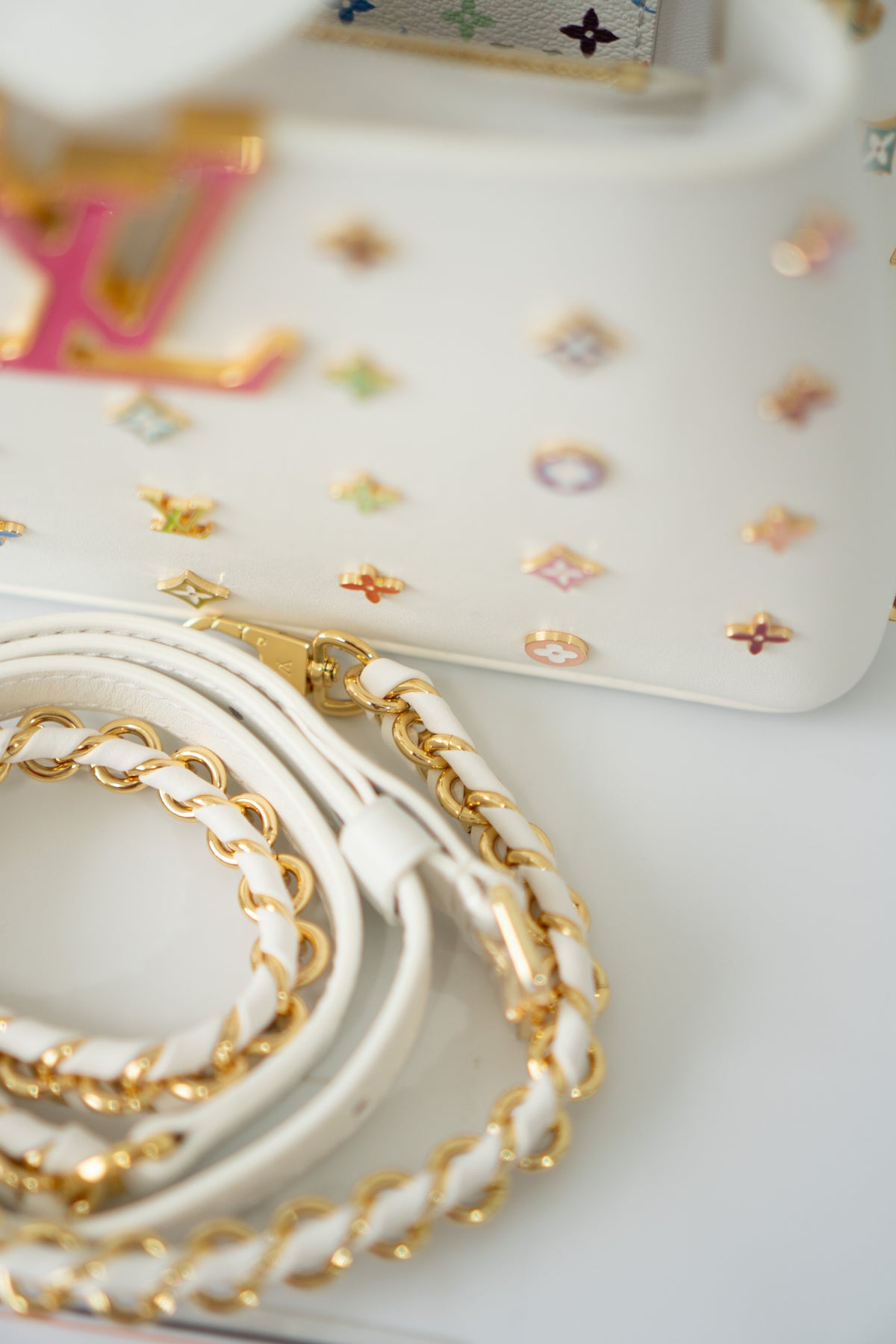 Capucine Mini – White Leather with Multicolored Flower Accents and Gold Hardware