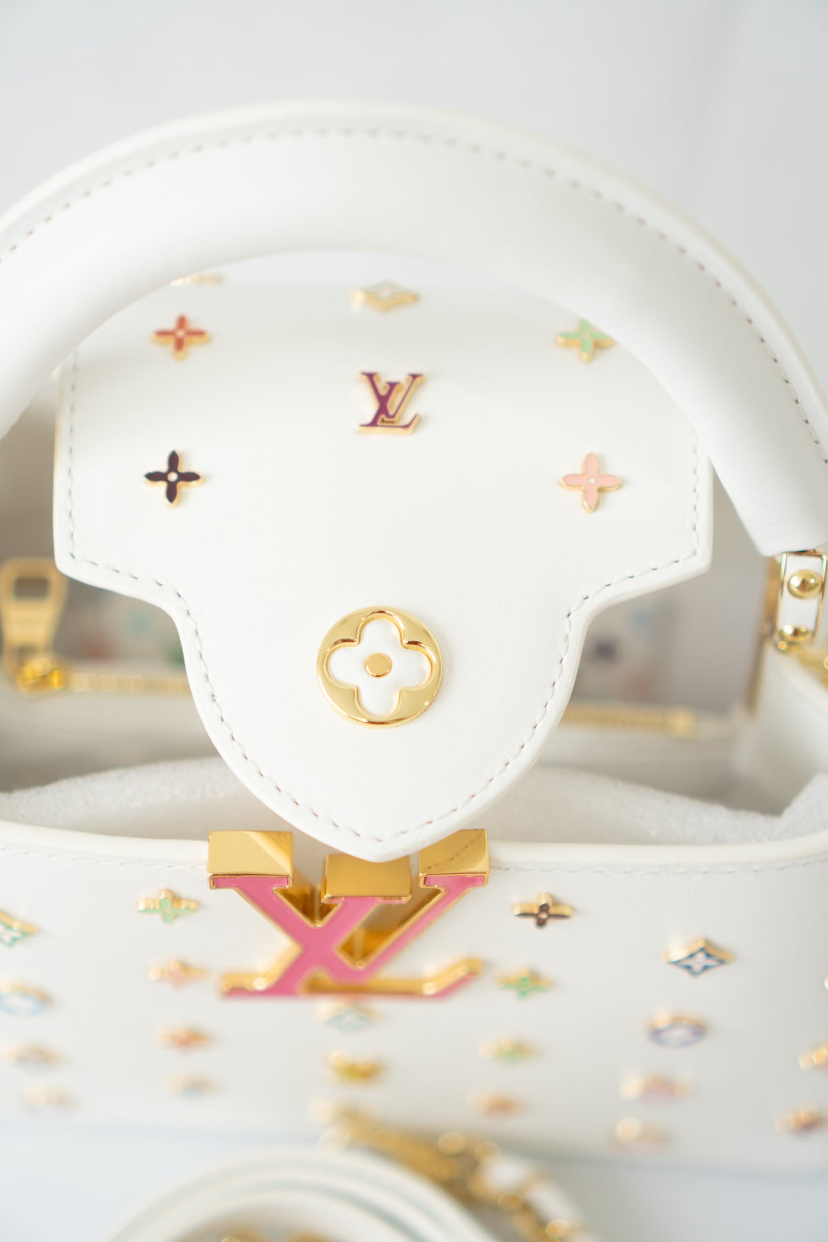 Capucine Mini – White Leather with Multicolored Flower Accents and Gold Hardware