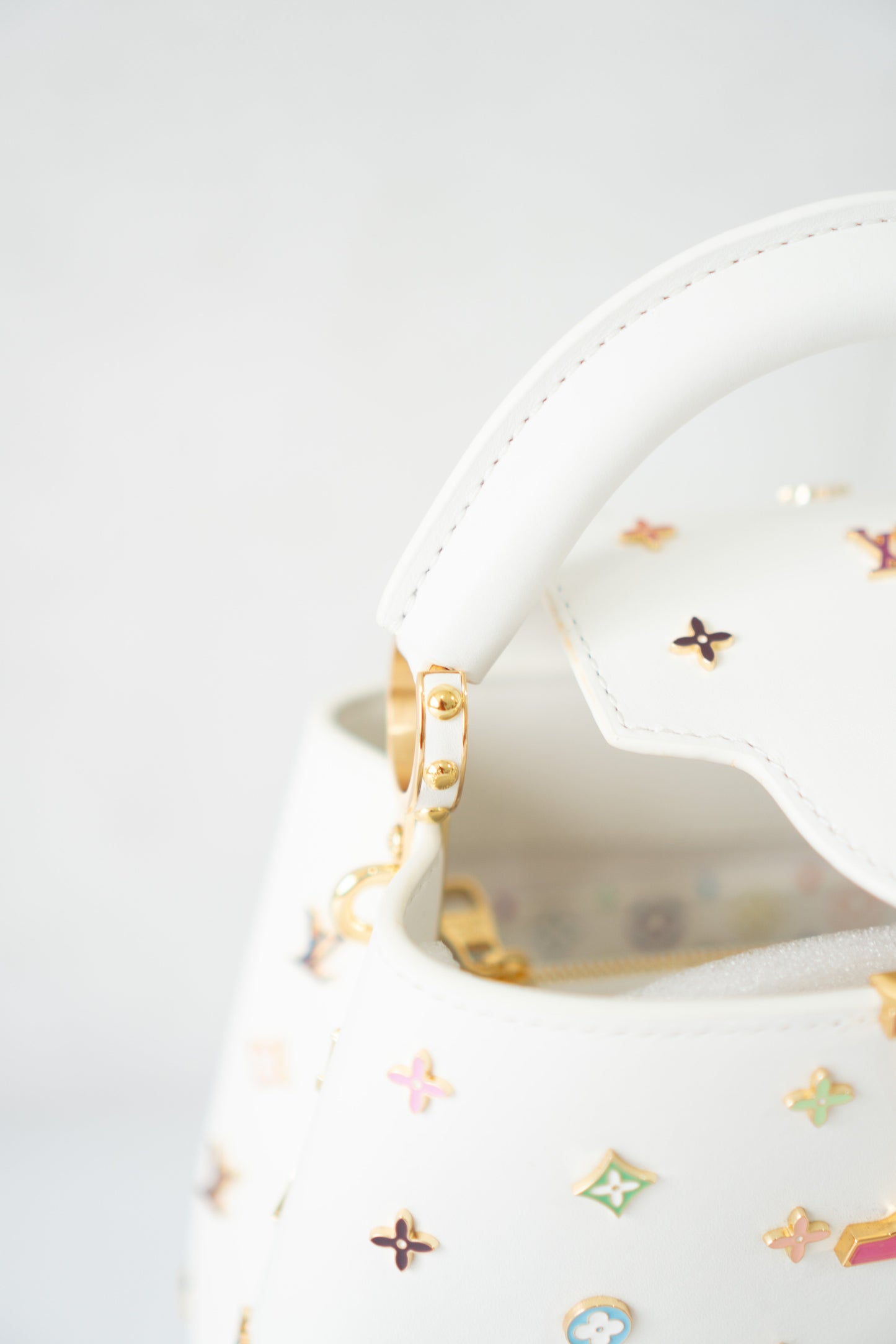 Capucine Mini – White Leather with Multicolored Flower Accents and Gold Hardware