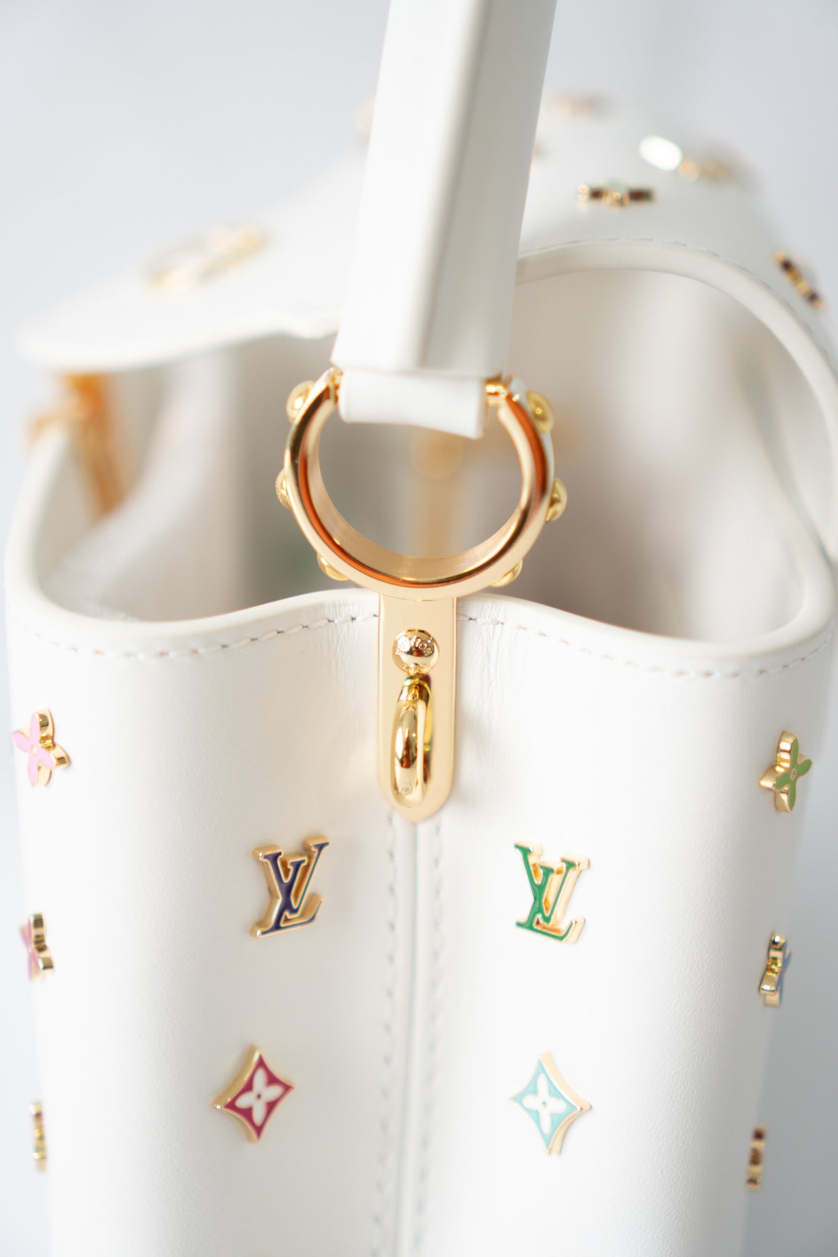 Capucine Mini – White Leather with Multicolored Flower Accents and Gold Hardware