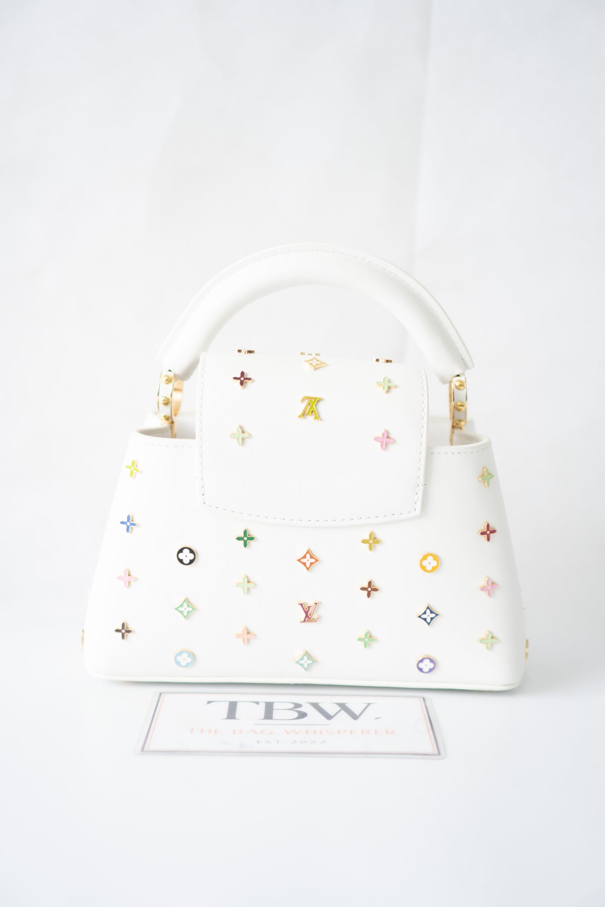 Capucine Mini – White Leather with Multicolored Flower Accents and Gold Hardware