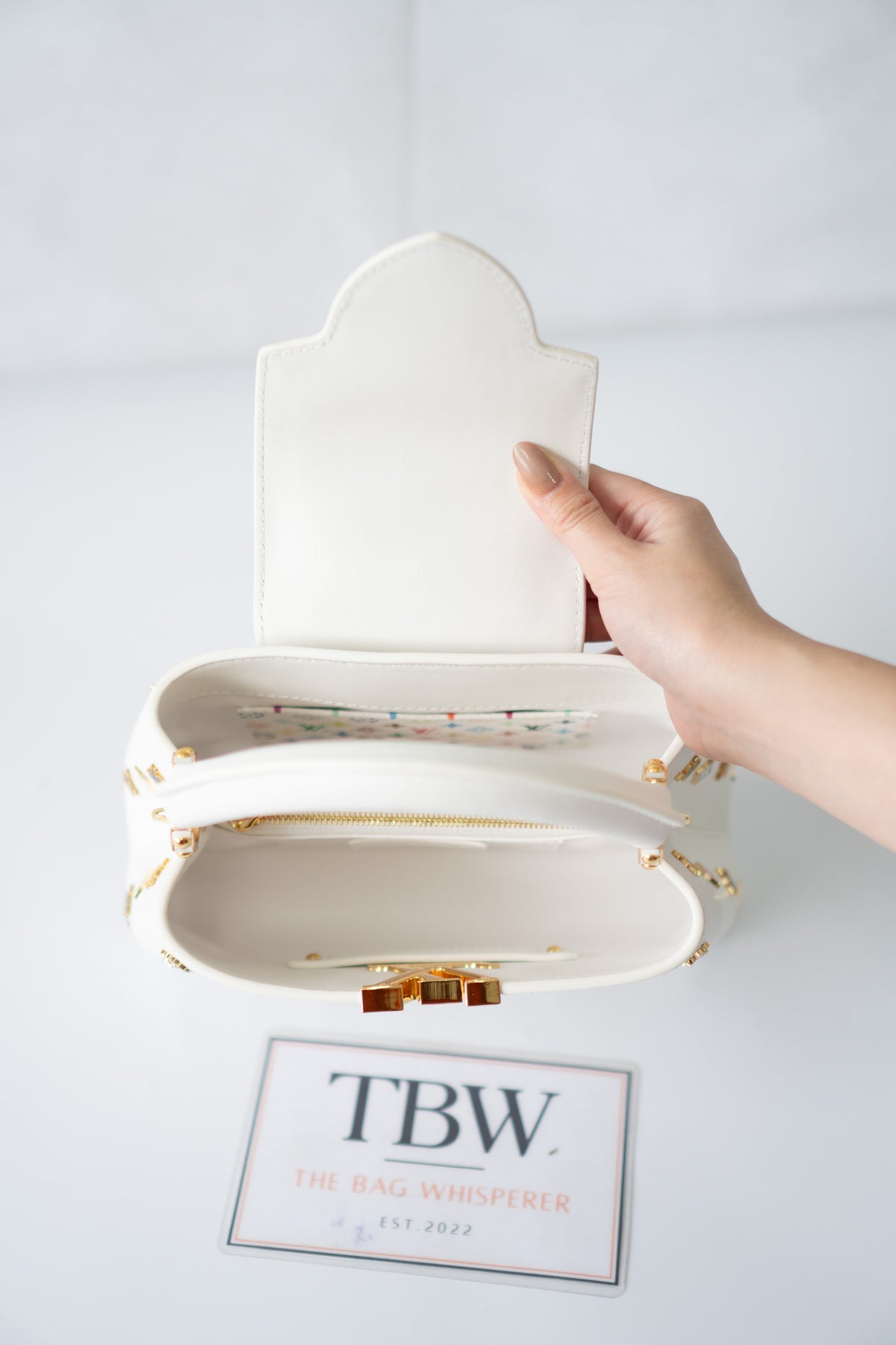 Capucine Mini – White Leather with Multicolored Flower Accents and Gold Hardware