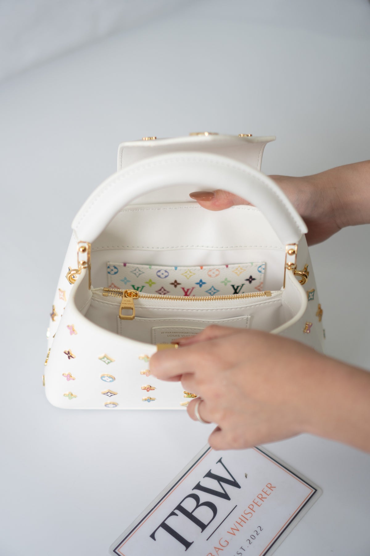 Capucine Mini – White Leather with Multicolored Flower Accents and Gold Hardware