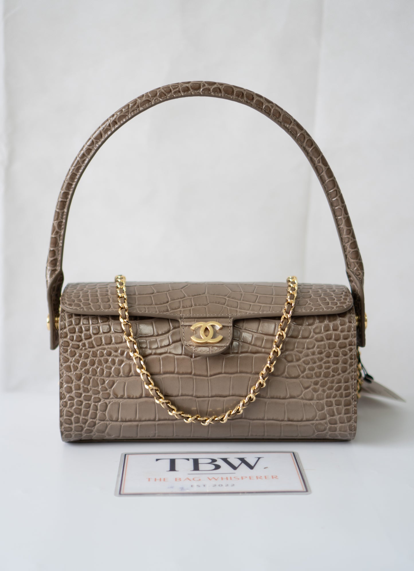 East-West Flap Bag with Top Handle – Grey Croc-Embossed Calfskin Leather with Gold Hardware