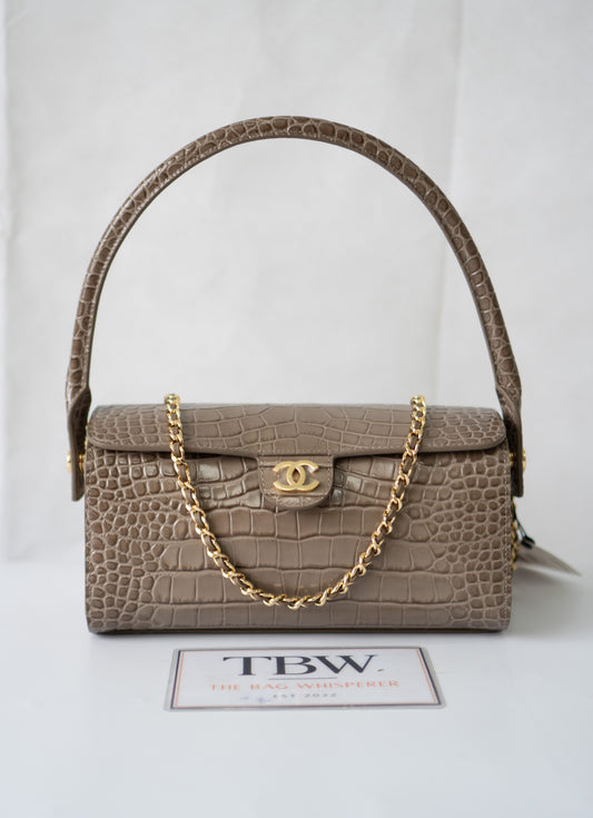 East-West Flap Bag with Top Handle – Grey Croc-Embossed Calfskin Leather with Gold Hardware
