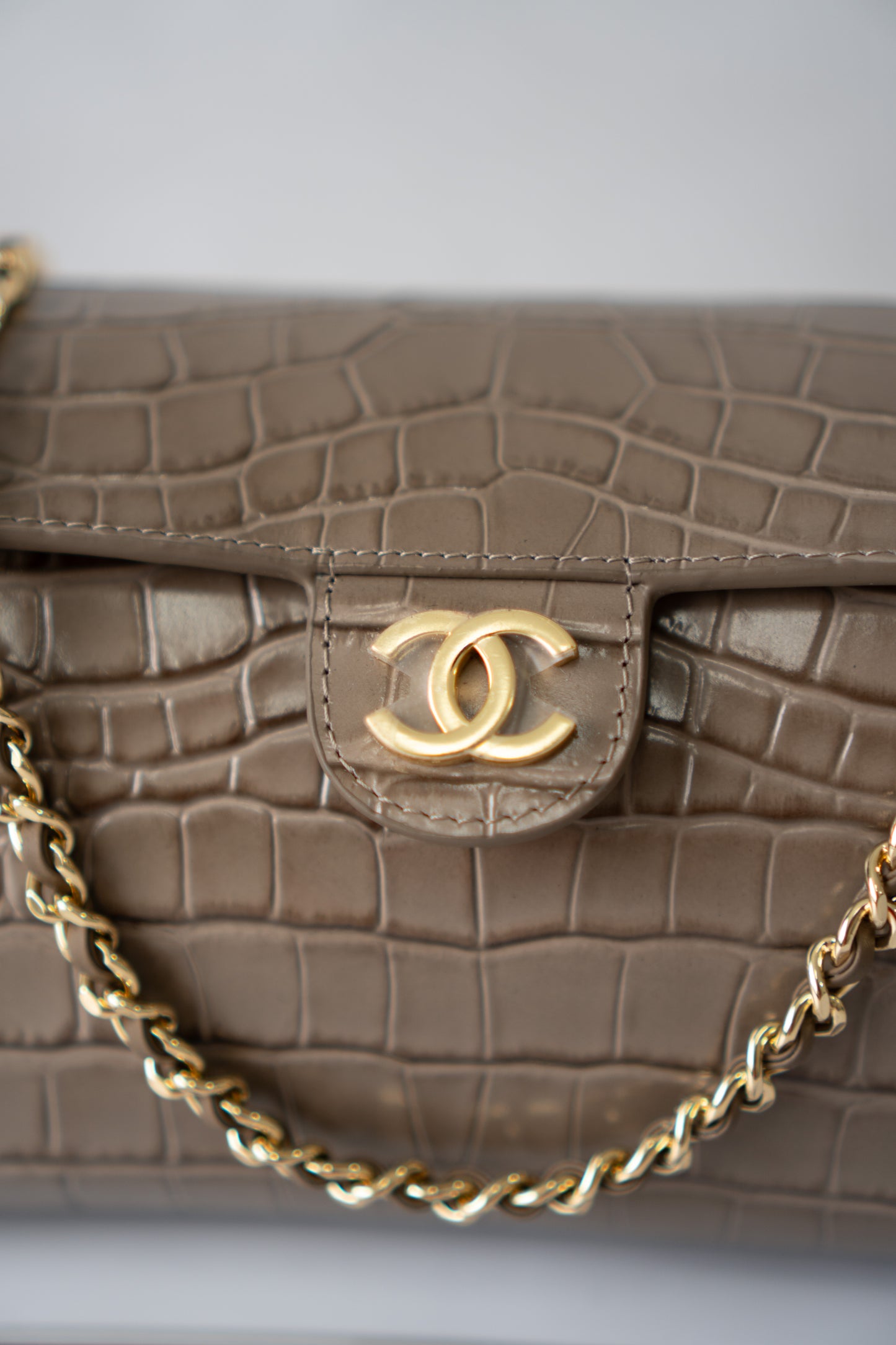 East-West Flap Bag with Top Handle – Grey Croc-Embossed Calfskin Leather with Gold Hardware