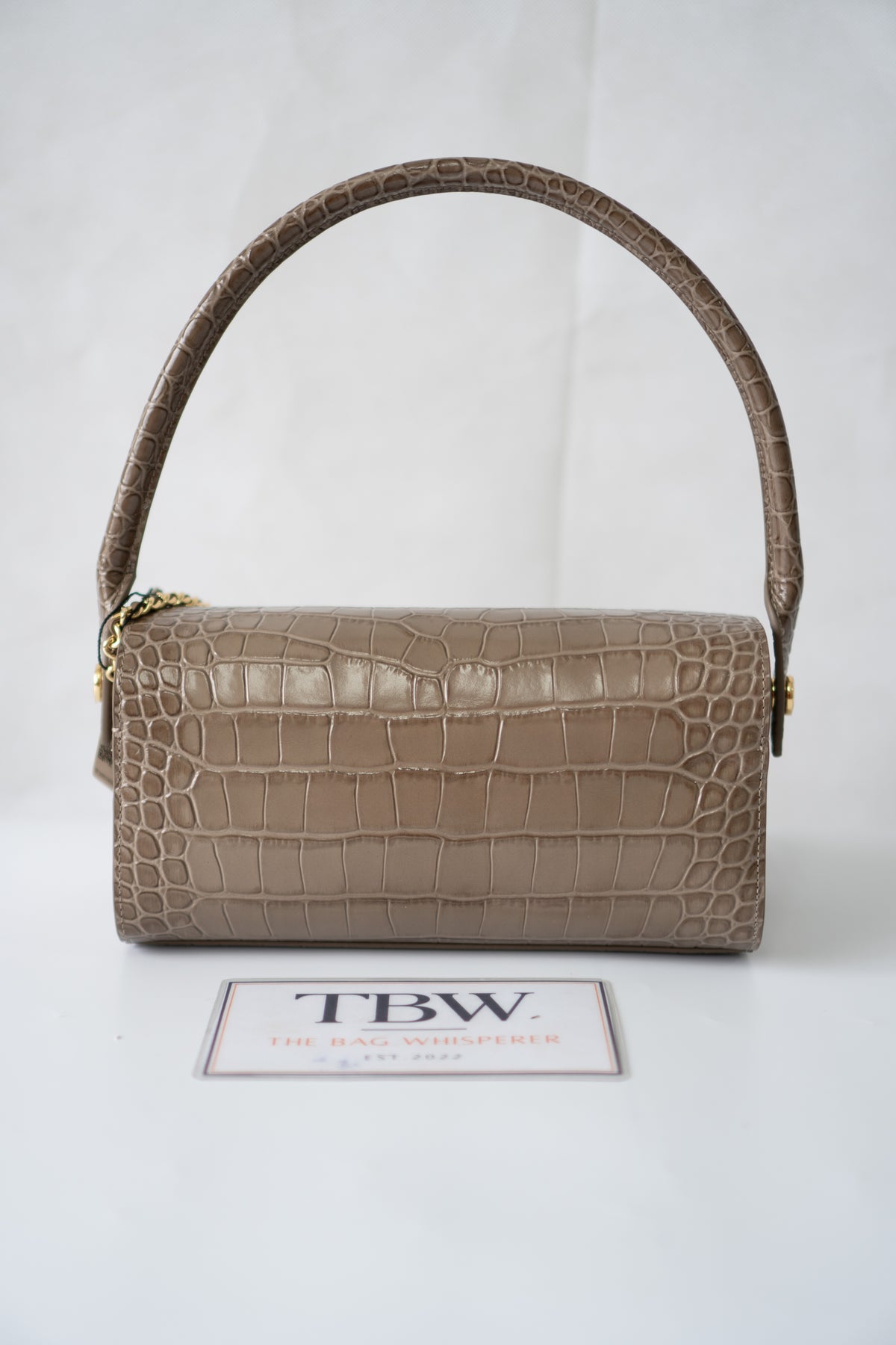 East-West Flap Bag with Top Handle – Grey Croc-Embossed Calfskin Leather with Gold Hardware