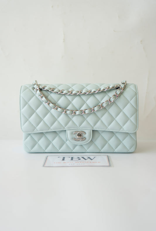 Classic Flap Medium in Light Blue Caviar Leather and Silver Hardware