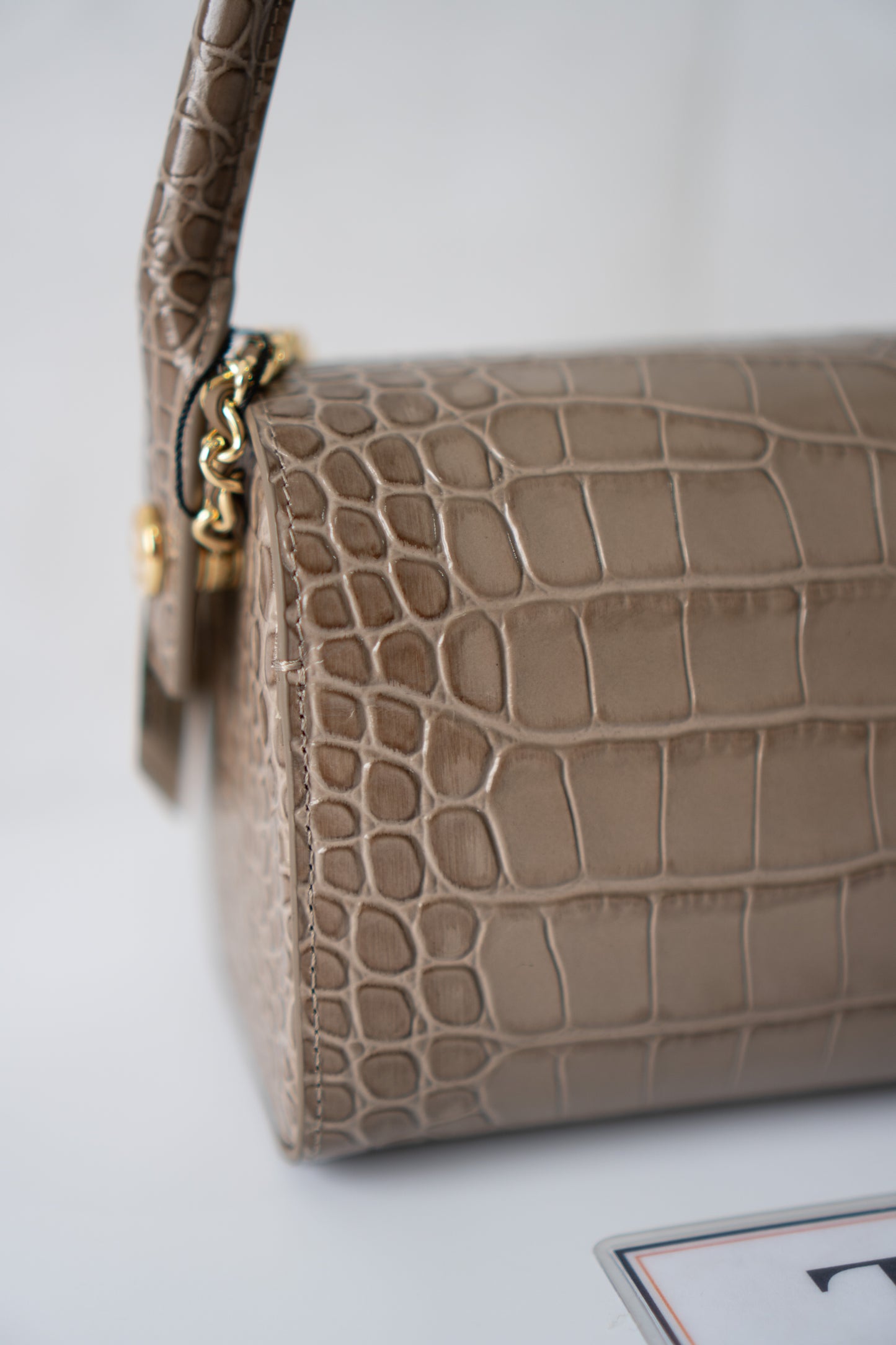 East-West Flap Bag with Top Handle – Grey Croc-Embossed Calfskin Leather with Gold Hardware