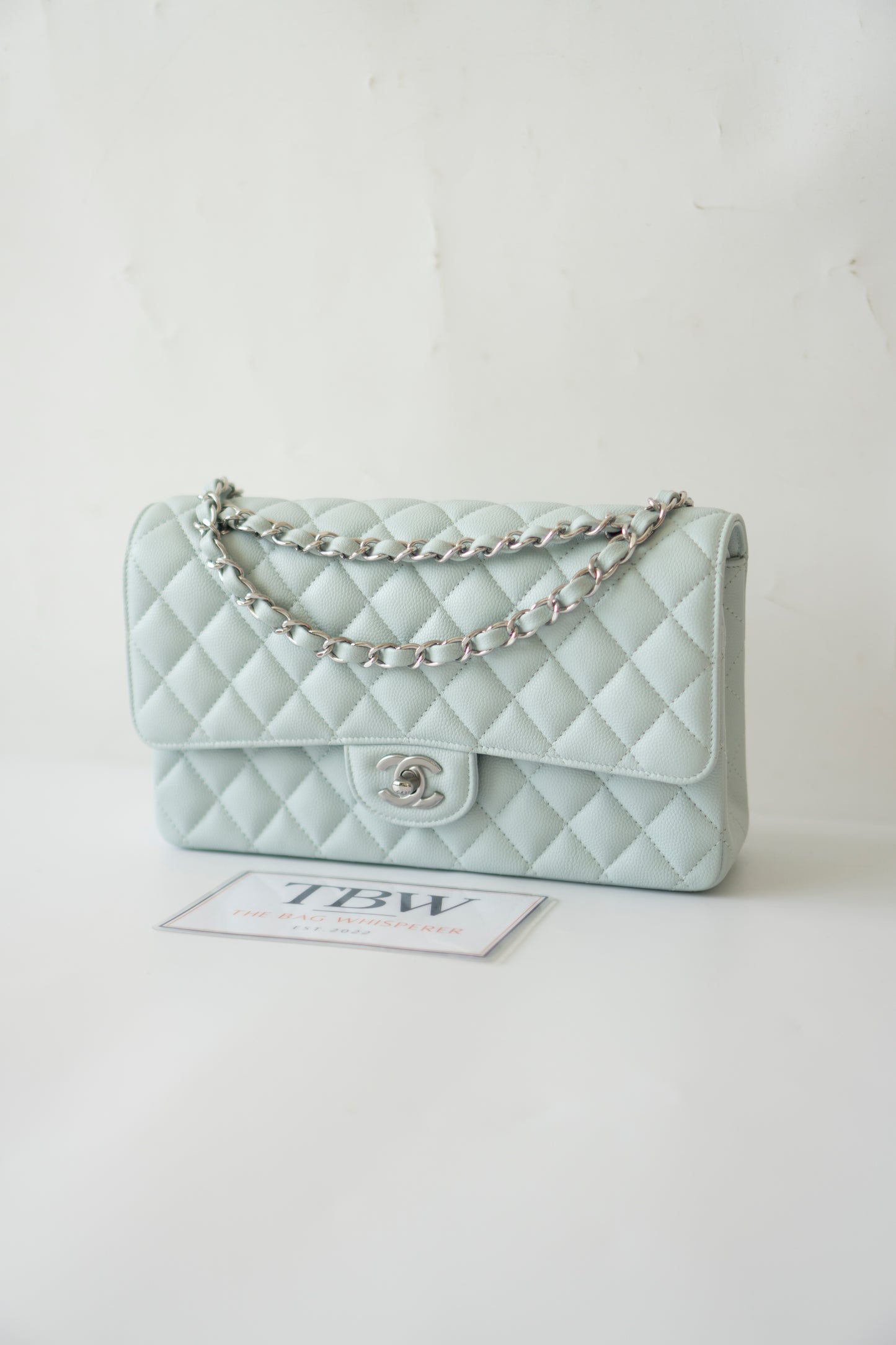 Classic Flap Medium in Light Blue Caviar Leather and Silver Hardware