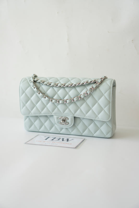Classic Flap Medium in Light Blue Caviar Leather and Silver Hardware
