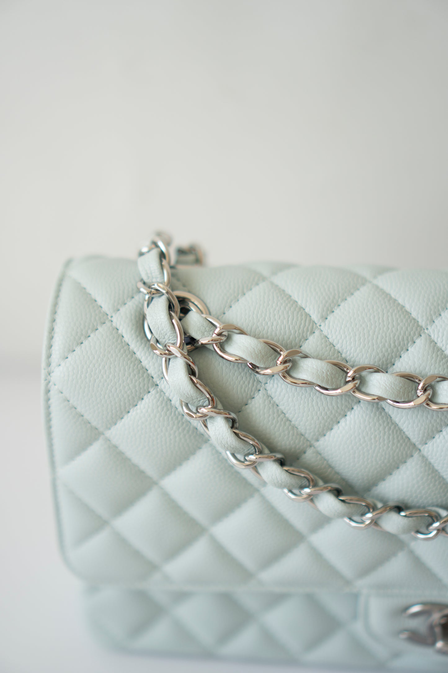 Classic Flap Medium in Light Blue Caviar Leather and Silver Hardware