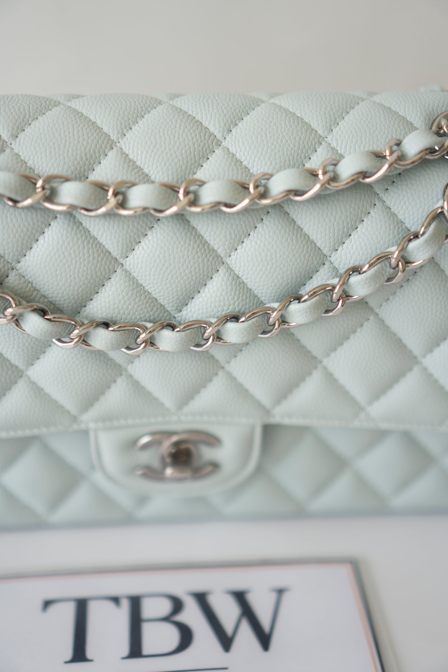 Classic Flap Medium in Light Blue Caviar Leather and Silver Hardware