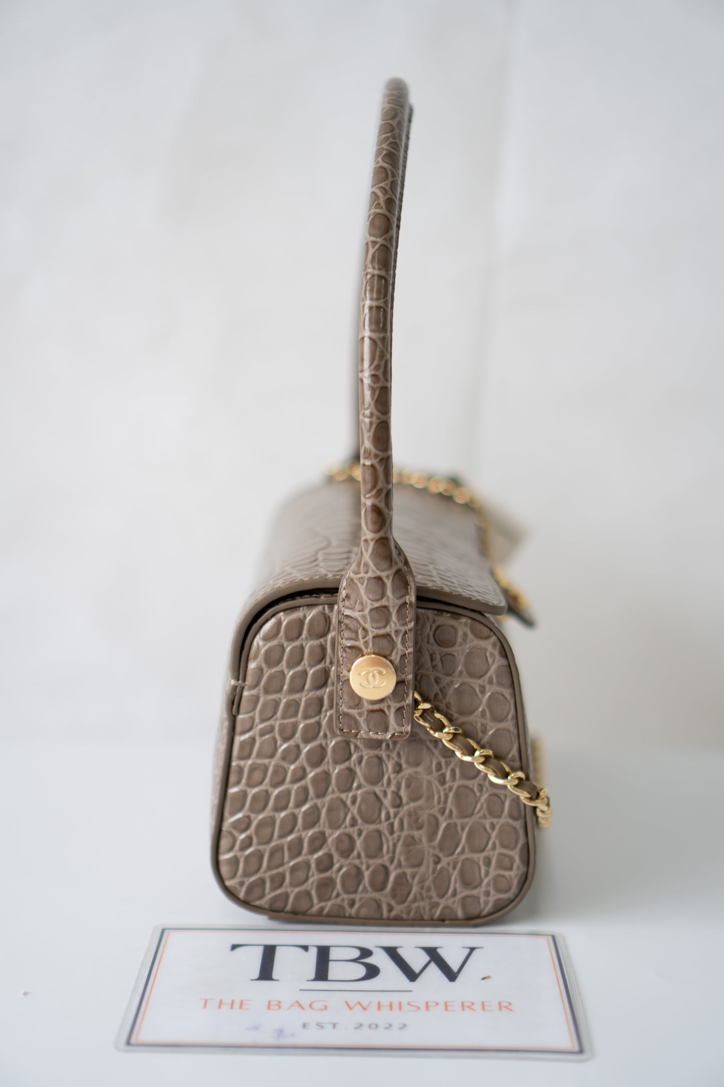 East-West Flap Bag with Top Handle – Grey Croc-Embossed Calfskin Leather with Gold Hardware