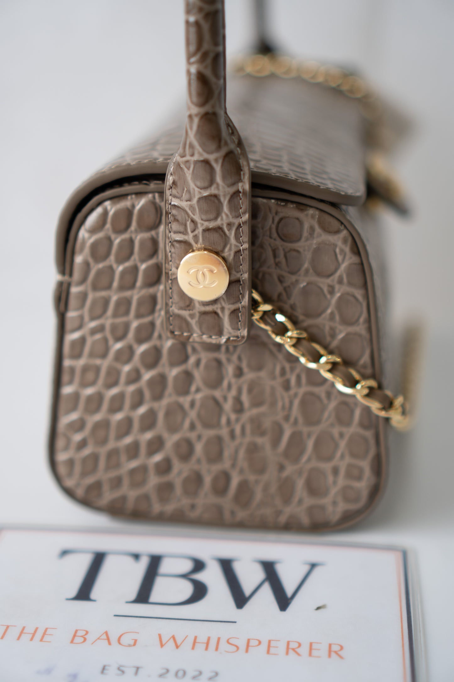 East-West Flap Bag with Top Handle – Grey Croc-Embossed Calfskin Leather with Gold Hardware