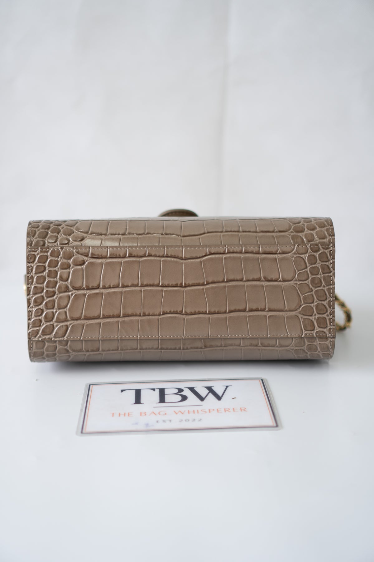 East-West Flap Bag with Top Handle – Grey Croc-Embossed Calfskin Leather with Gold Hardware