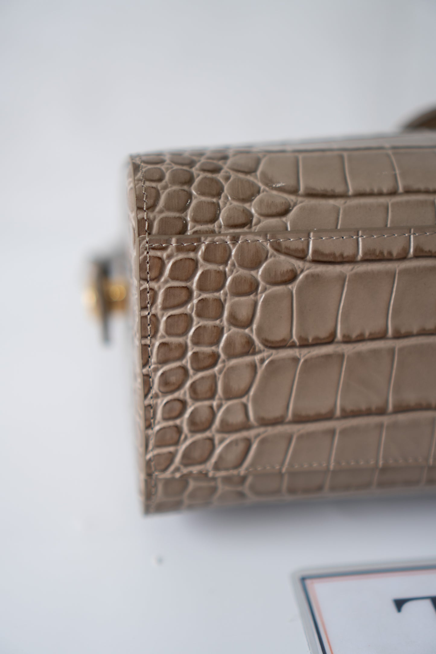 East-West Flap Bag with Top Handle – Grey Croc-Embossed Calfskin Leather with Gold Hardware