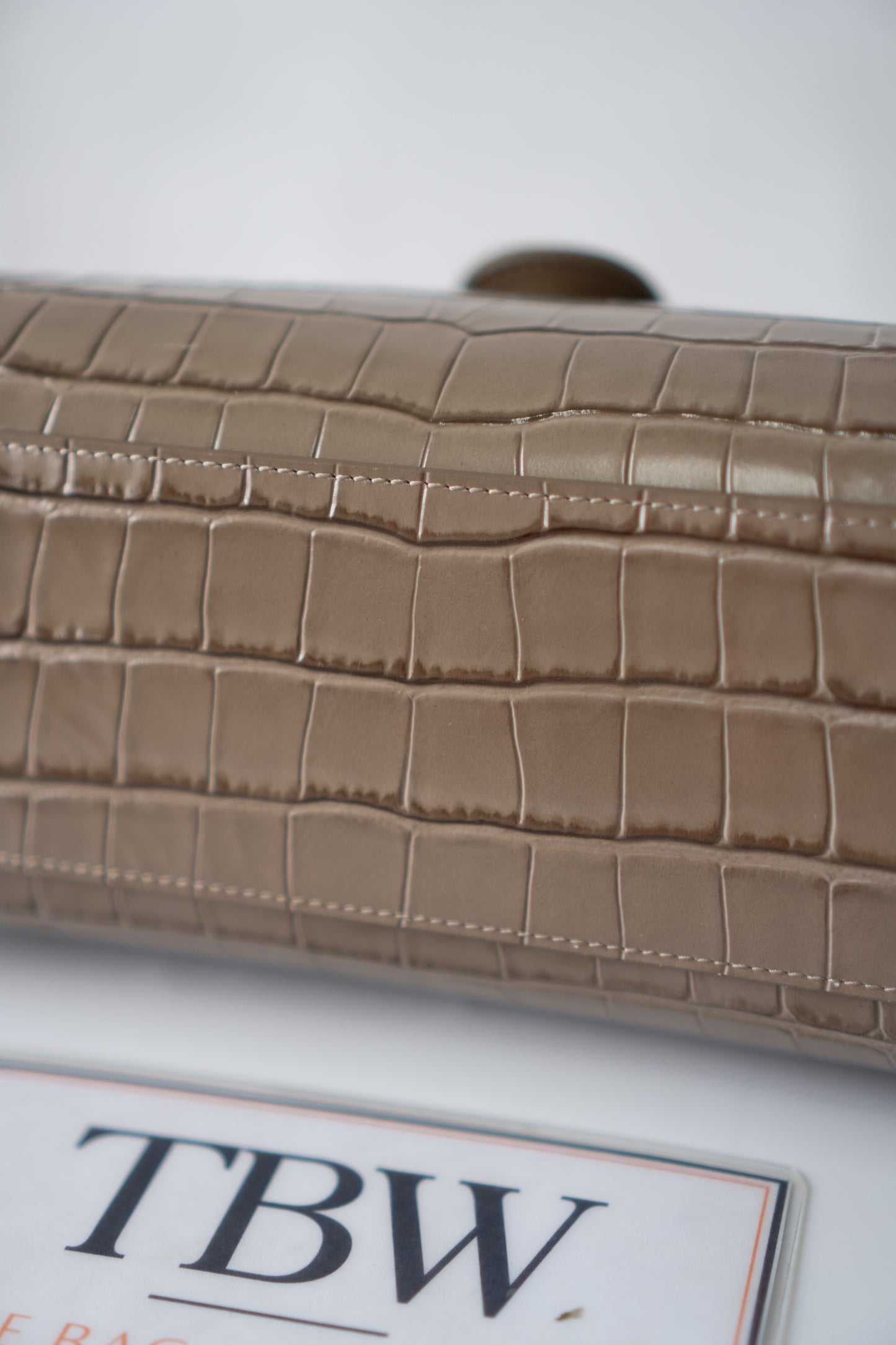 East-West Flap Bag with Top Handle – Grey Croc-Embossed Calfskin Leather with Gold Hardware