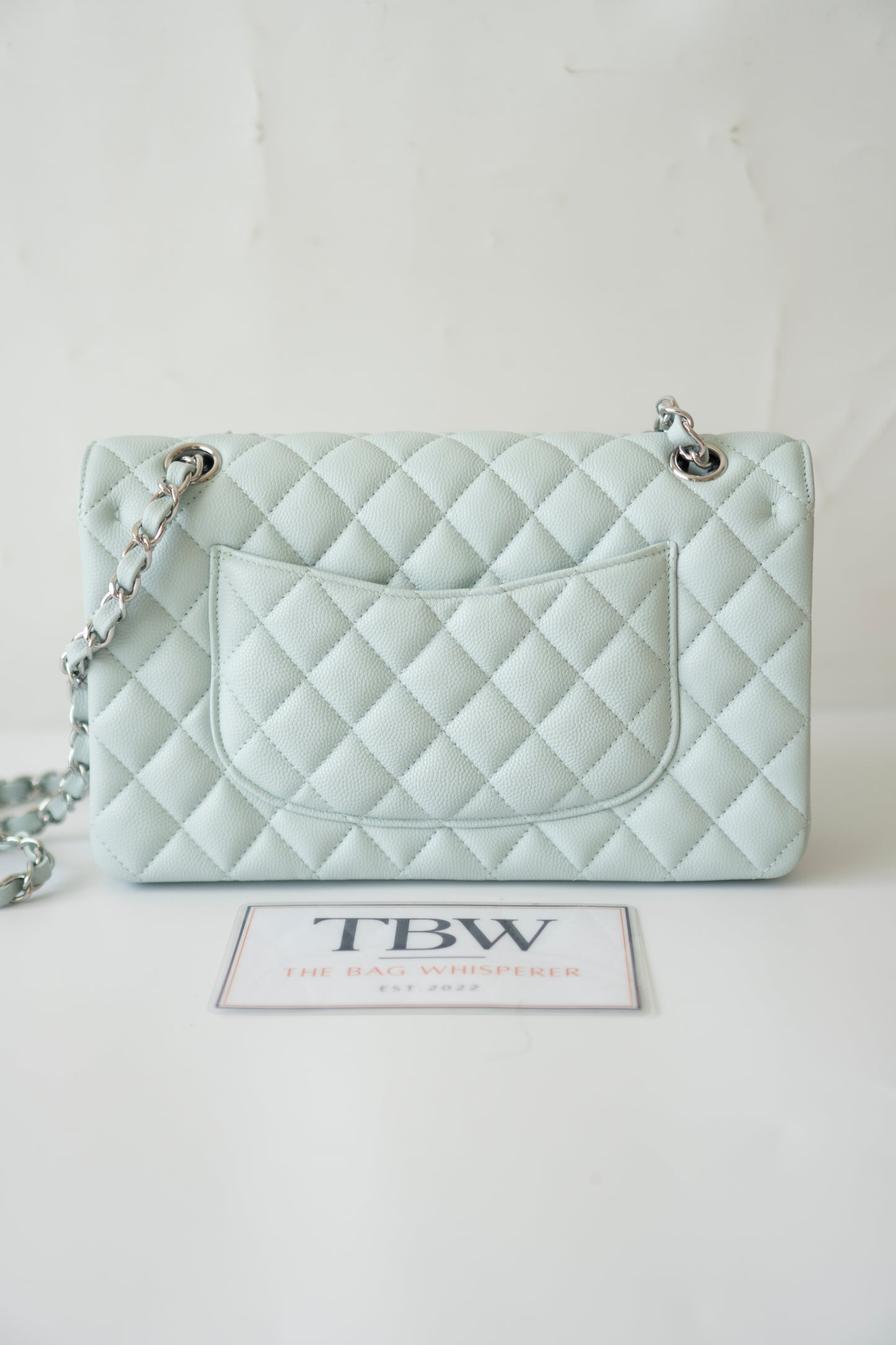 Classic Flap Medium in Light Blue Caviar Leather and Silver Hardware