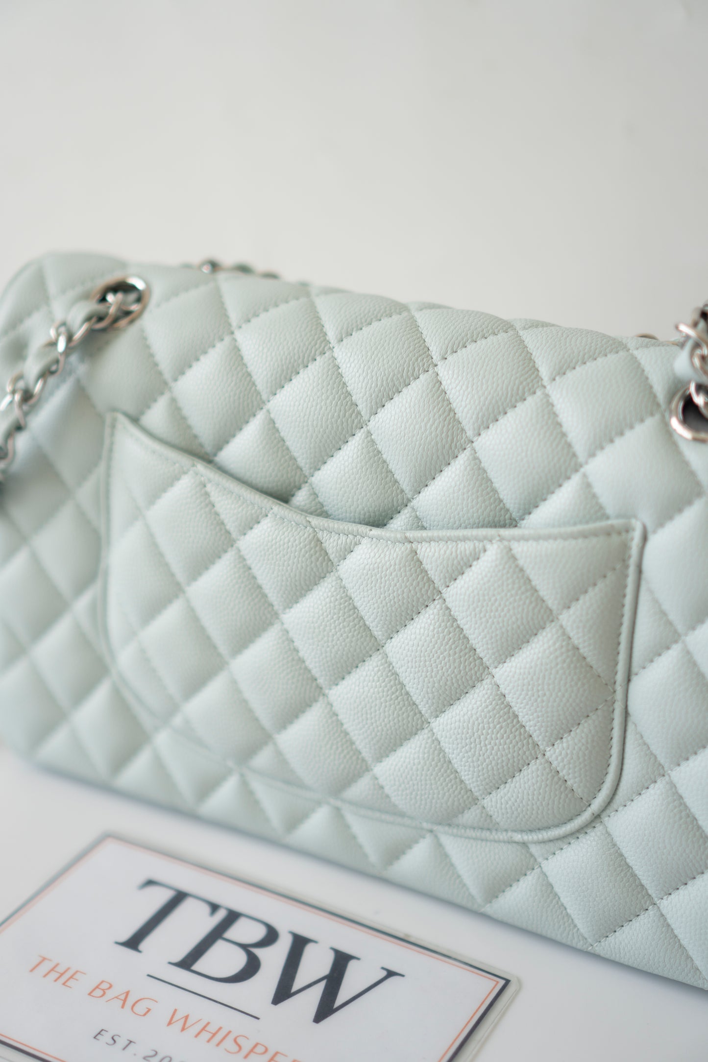 Classic Flap Medium in Light Blue Caviar Leather and Silver Hardware