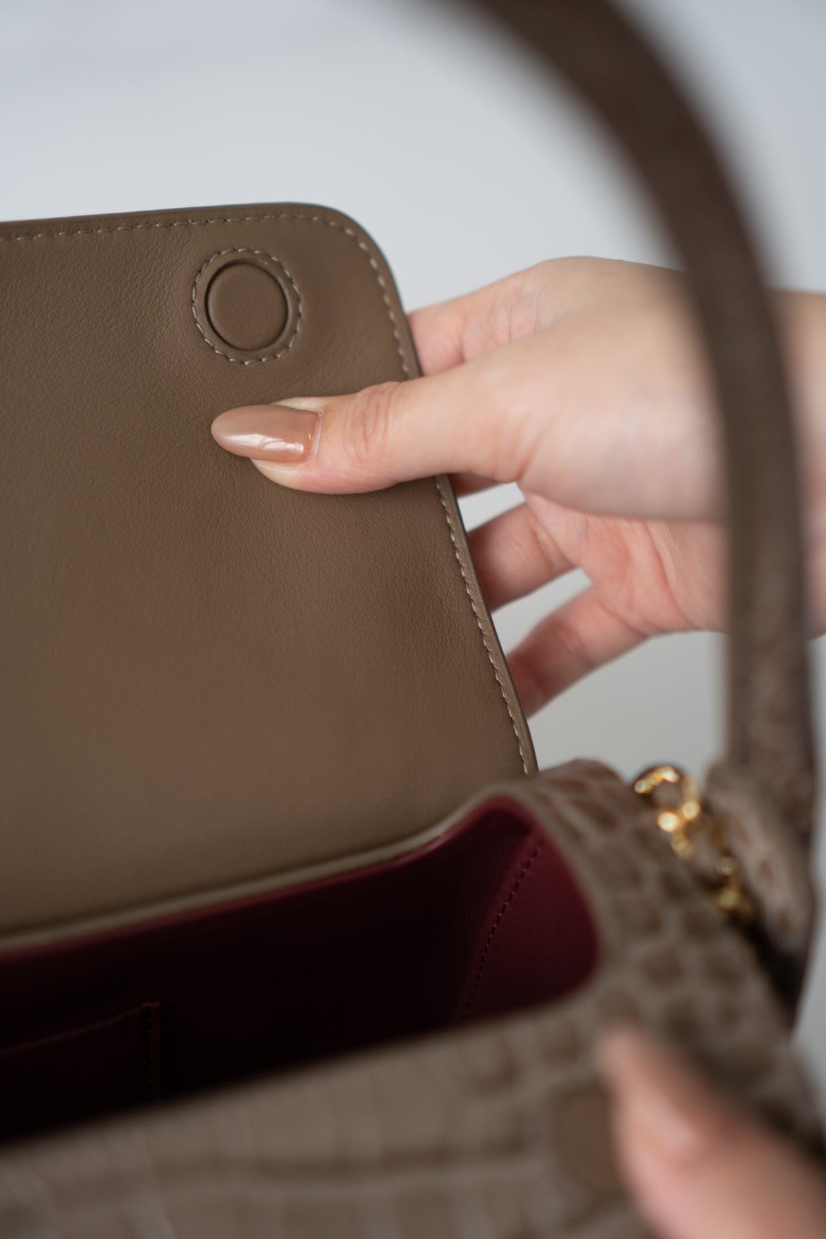 East-West Flap Bag with Top Handle – Grey Croc-Embossed Calfskin Leather with Gold Hardware