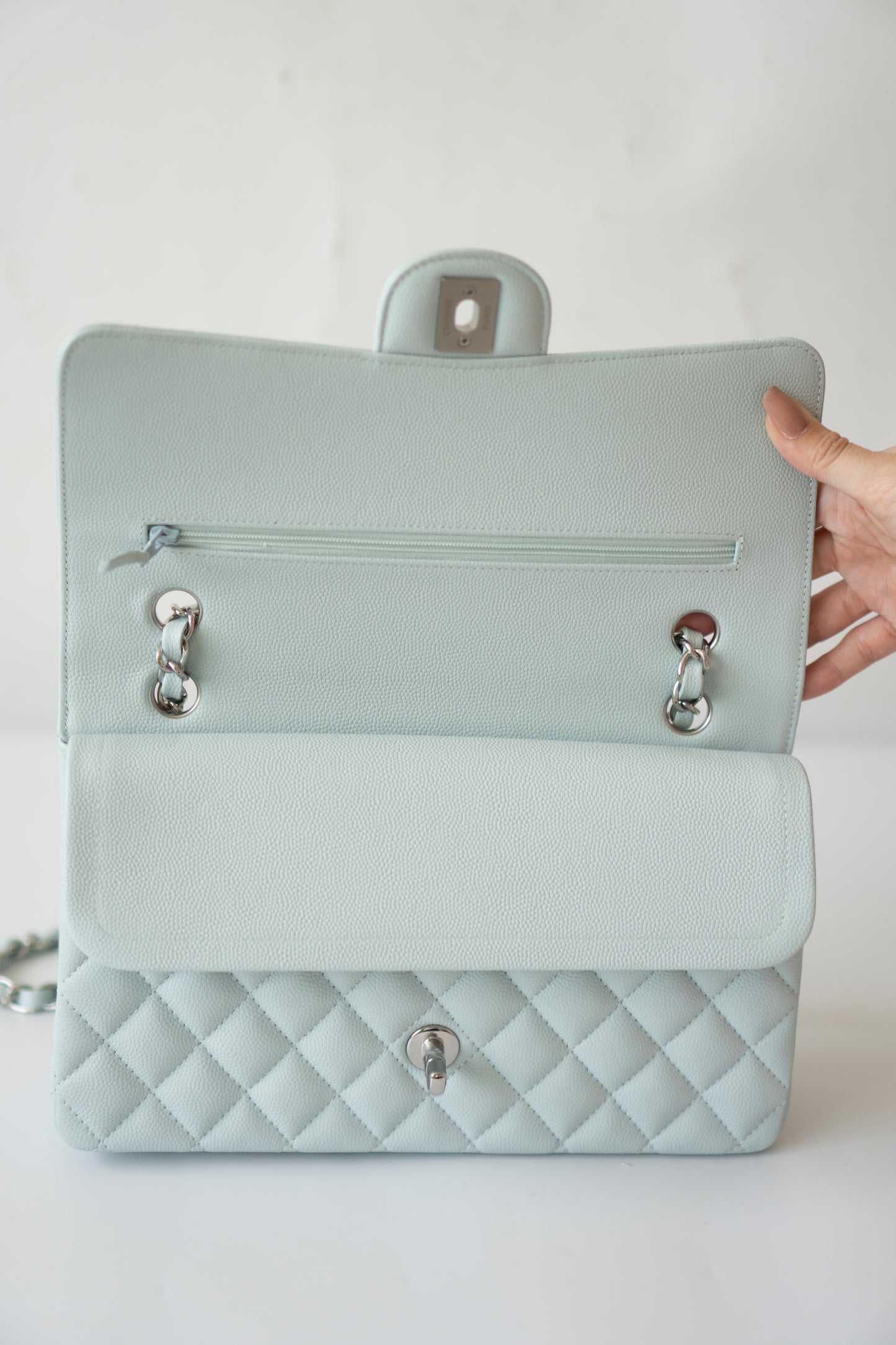Classic Flap Medium in Light Blue Caviar Leather and Silver Hardware
