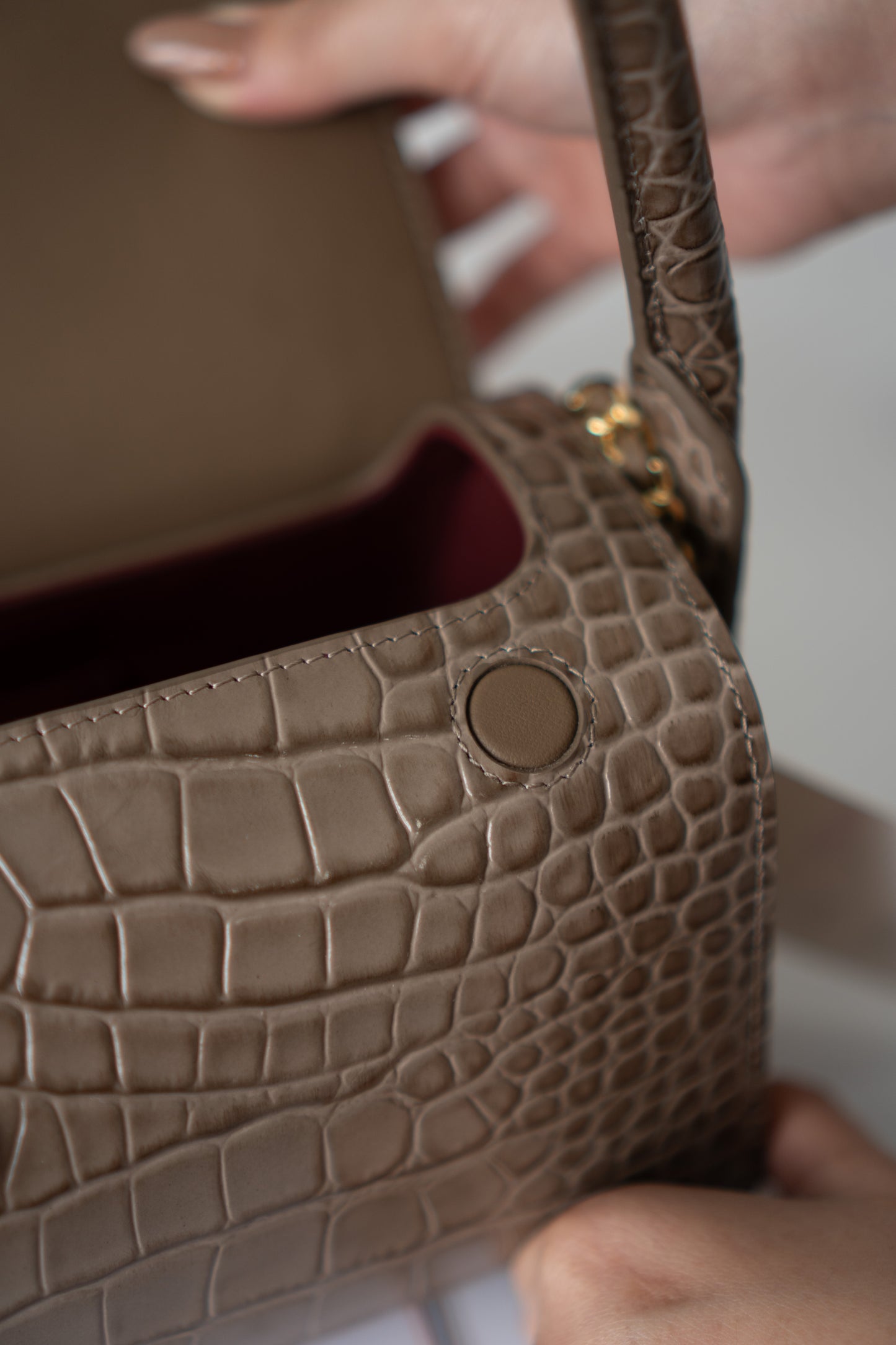 East-West Flap Bag with Top Handle – Grey Croc-Embossed Calfskin Leather with Gold Hardware