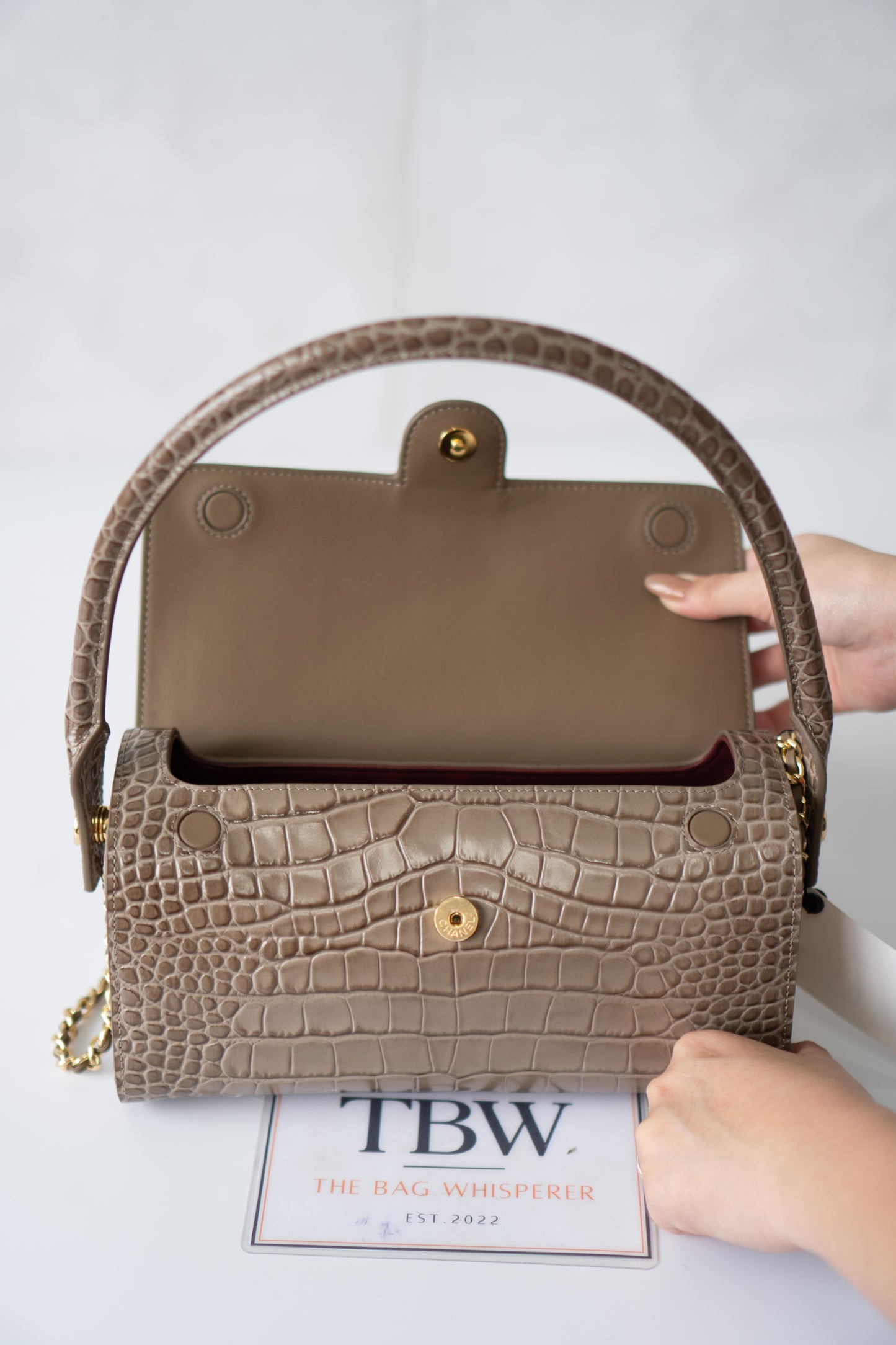 East-West Flap Bag with Top Handle – Grey Croc-Embossed Calfskin Leather with Gold Hardware