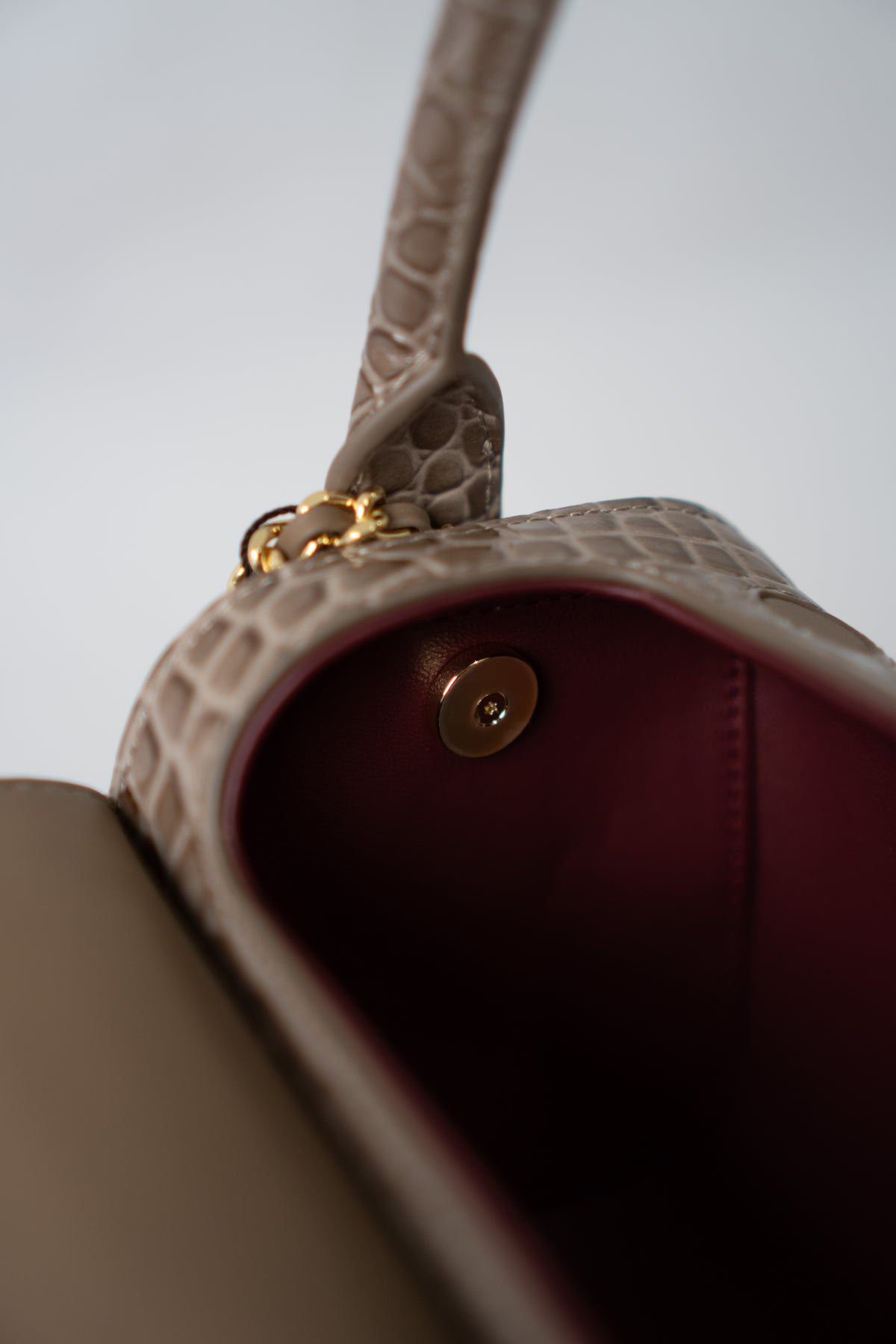 East-West Flap Bag with Top Handle – Grey Croc-Embossed Calfskin Leather with Gold Hardware