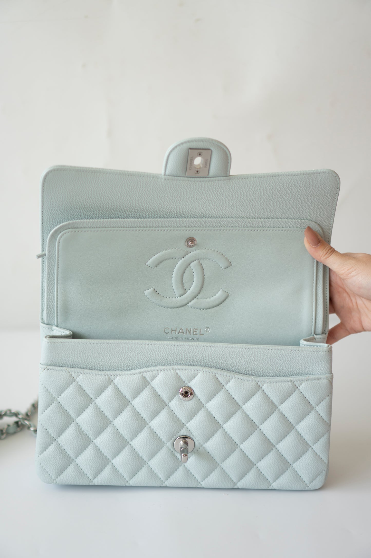 Classic Flap Medium in Light Blue Caviar Leather and Silver Hardware
