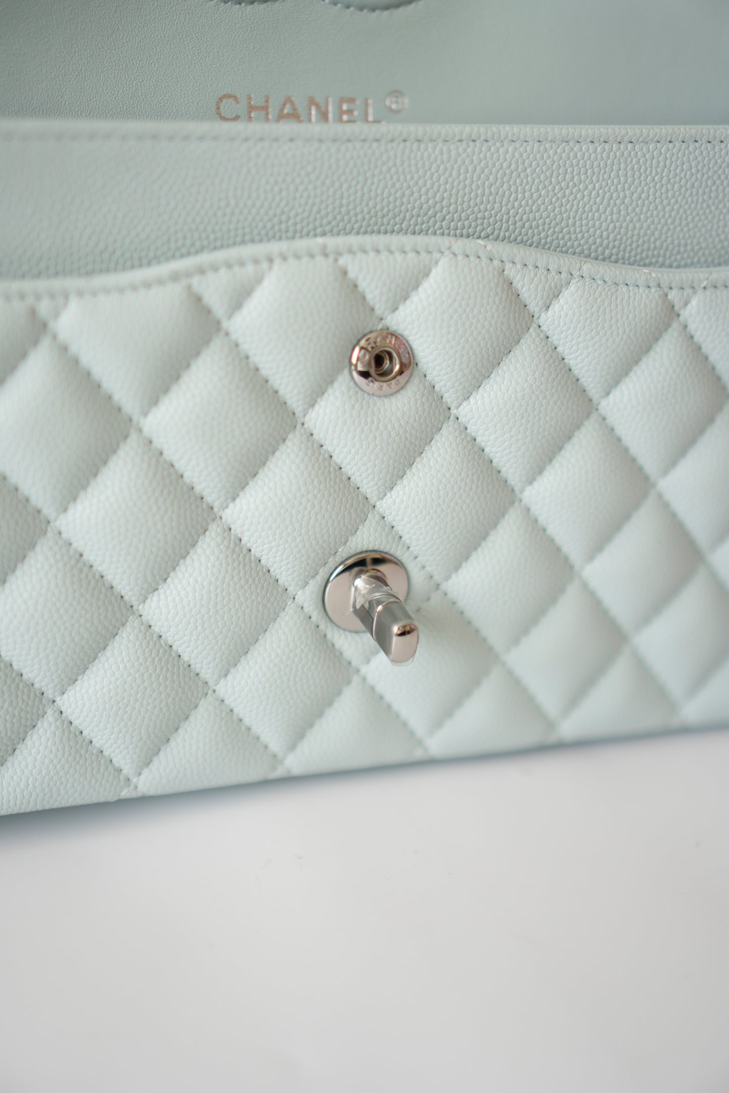 Classic Flap Medium in Light Blue Caviar Leather and Silver Hardware