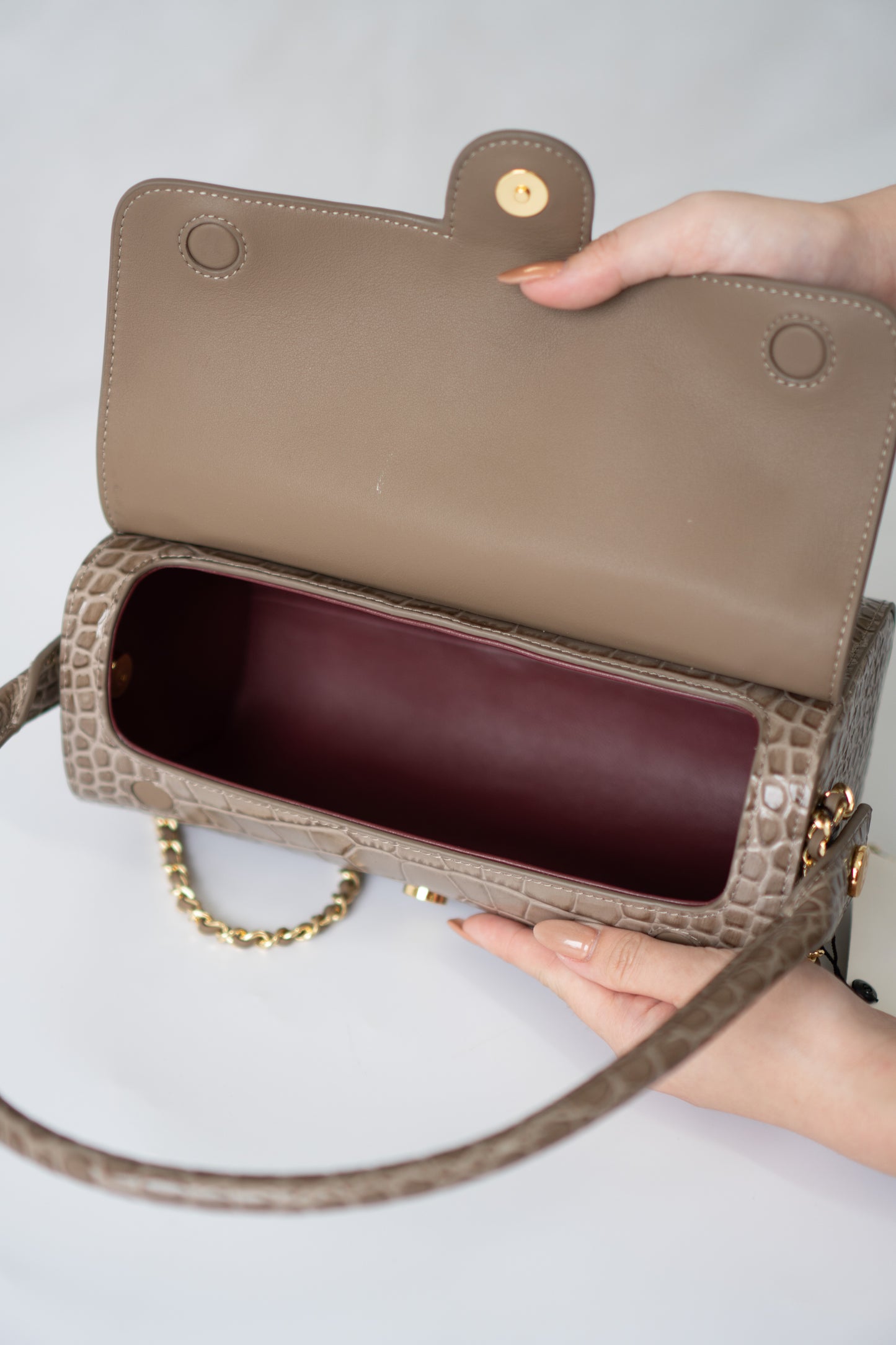 East-West Flap Bag with Top Handle – Grey Croc-Embossed Calfskin Leather with Gold Hardware