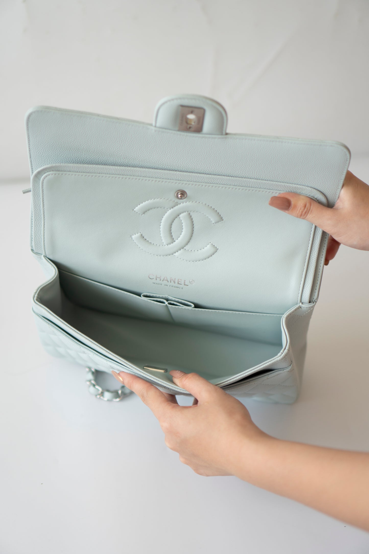 Classic Flap Medium in Light Blue Caviar Leather and Silver Hardware