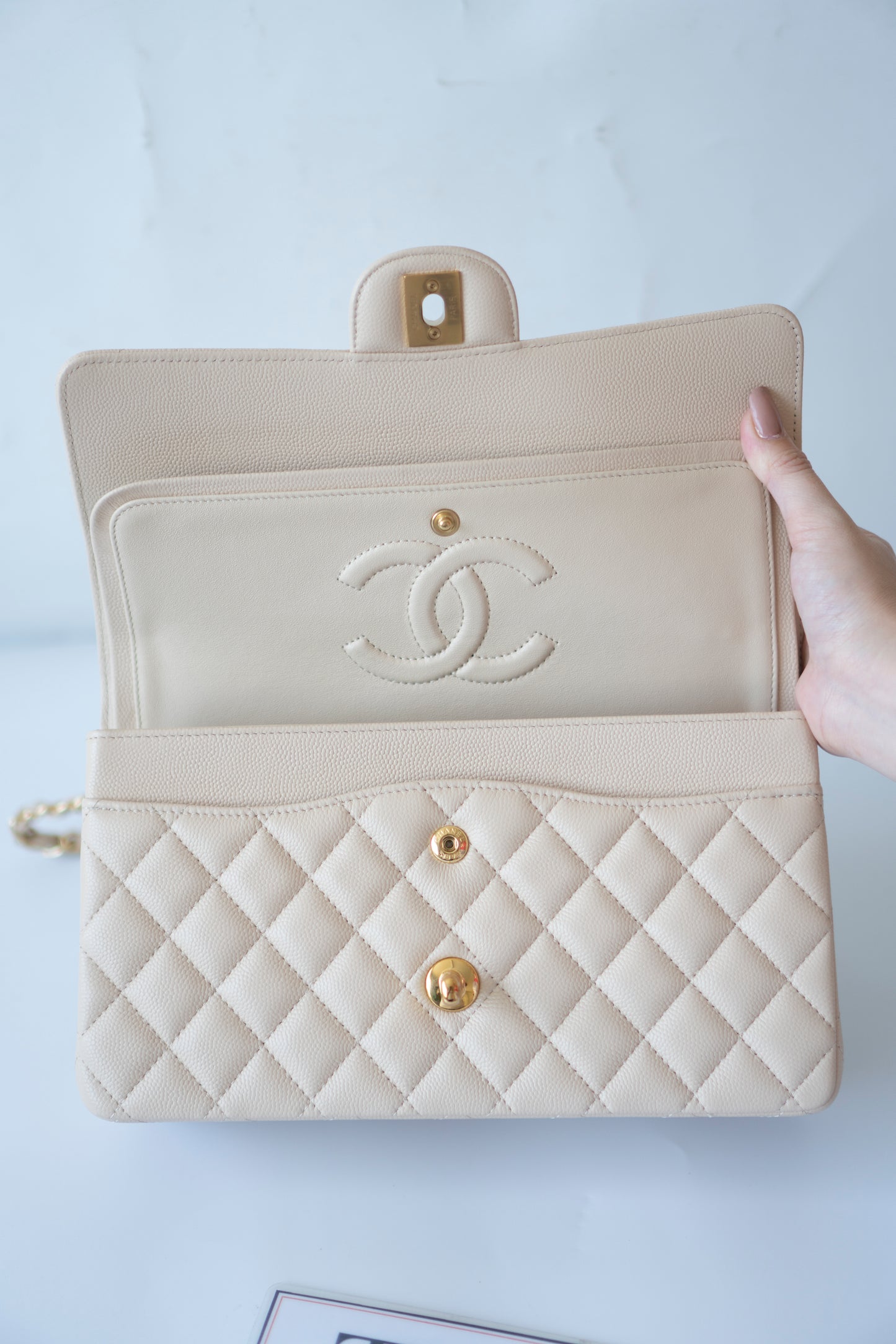 Classic Flap Medium in Light Beige Caviar Leather
