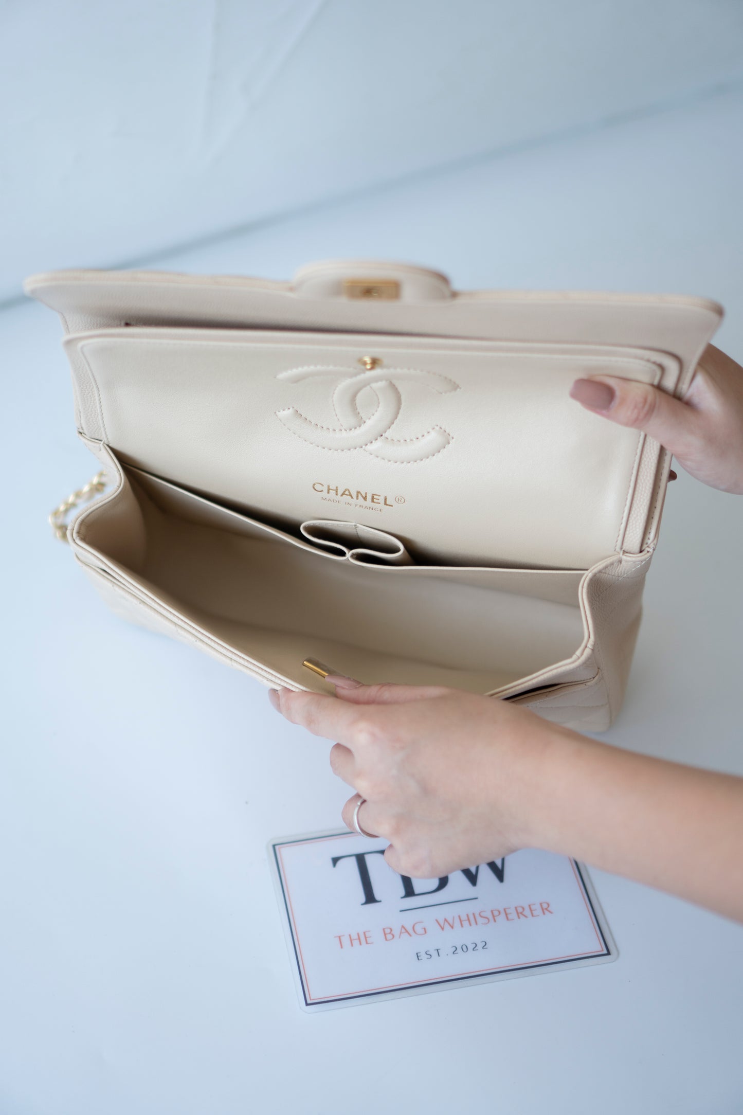 Classic Flap Medium in Light Beige Caviar Leather