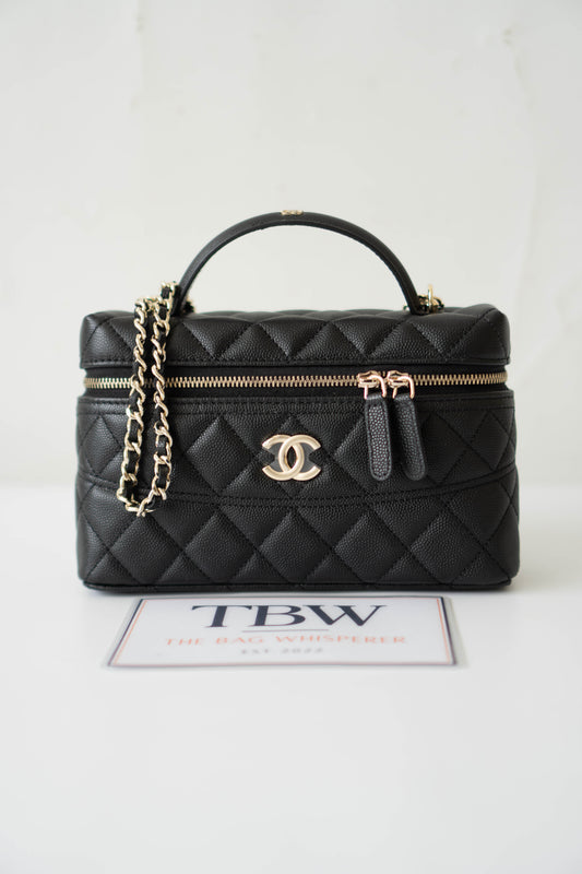 Top Handle Slim Vanity Case – Black Quilted Leather with Gold Hardware