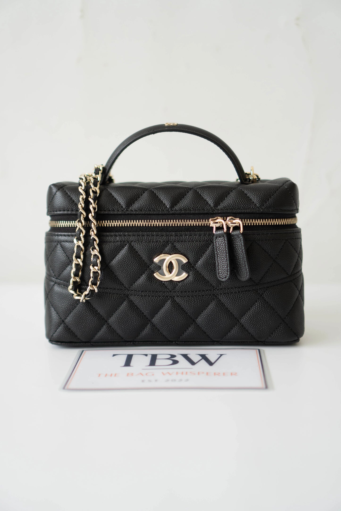 Top Handle Slim Vanity Case – Black Quilted Leather with Gold Hardware