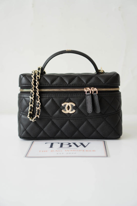 Top Handle Slim Vanity Case – Black Quilted Leather with Gold Hardware