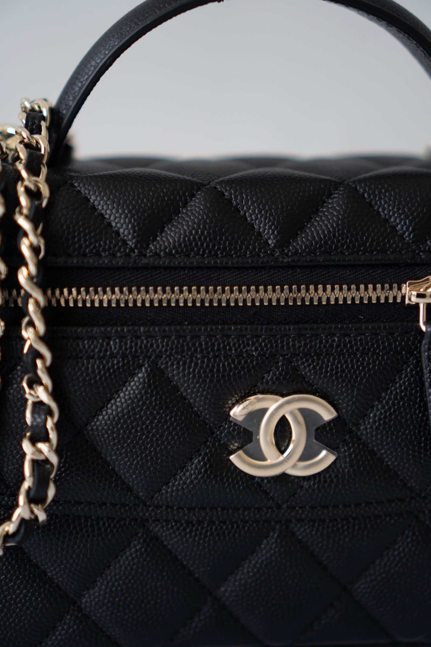 Top Handle Slim Vanity Case – Black Quilted Leather with Gold Hardware