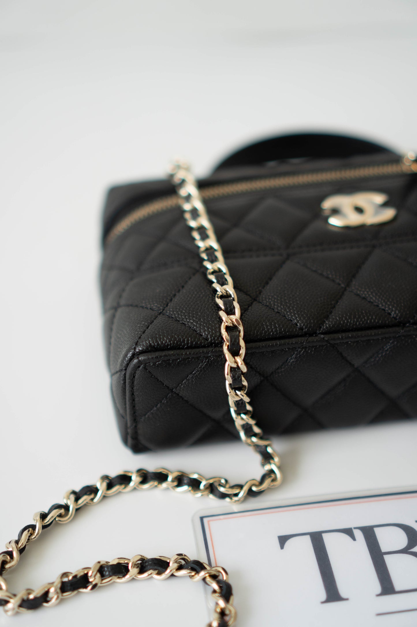 Top Handle Slim Vanity Case – Black Quilted Leather with Gold Hardware