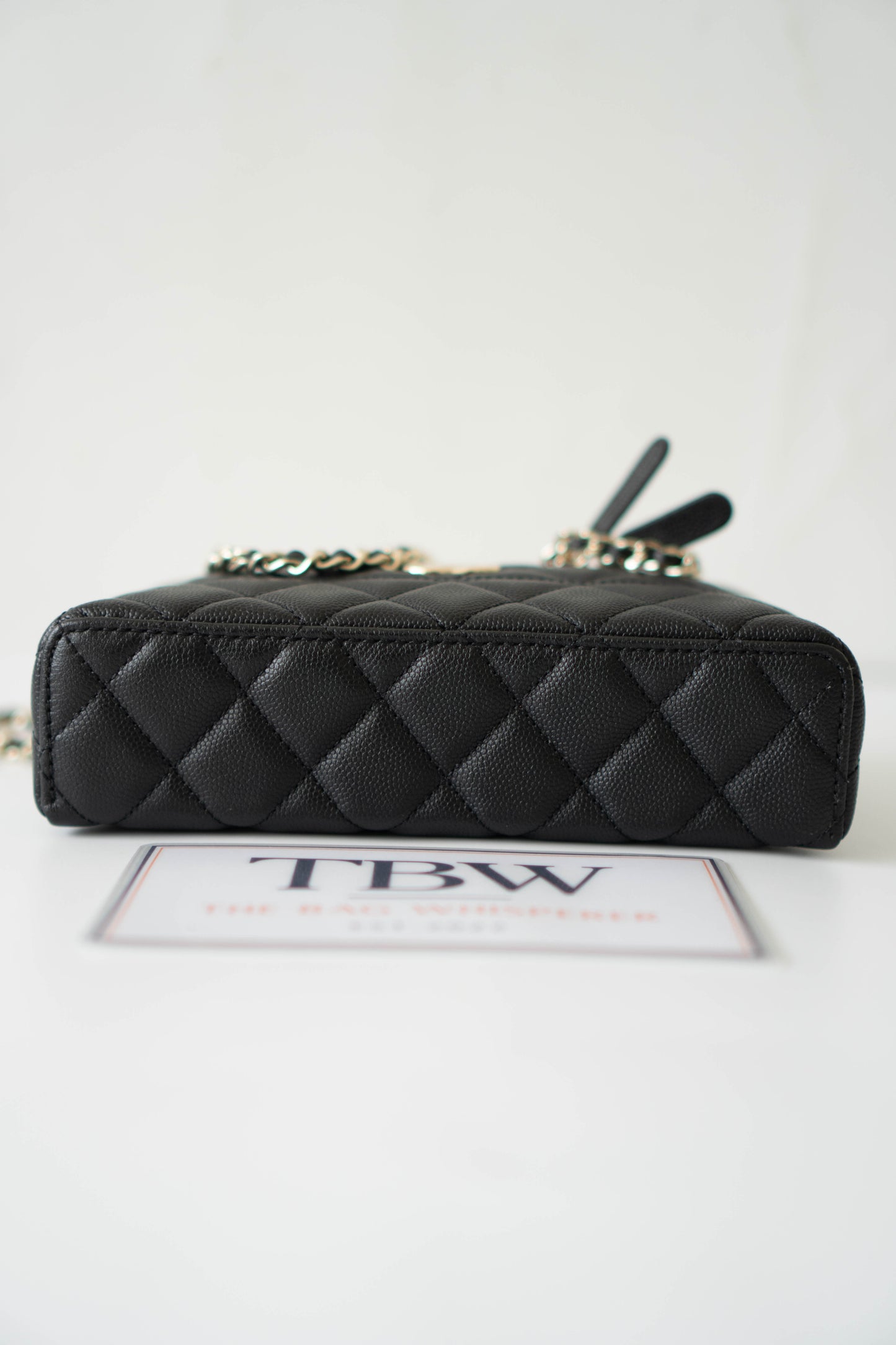 Top Handle Slim Vanity Case – Black Quilted Leather with Gold Hardware