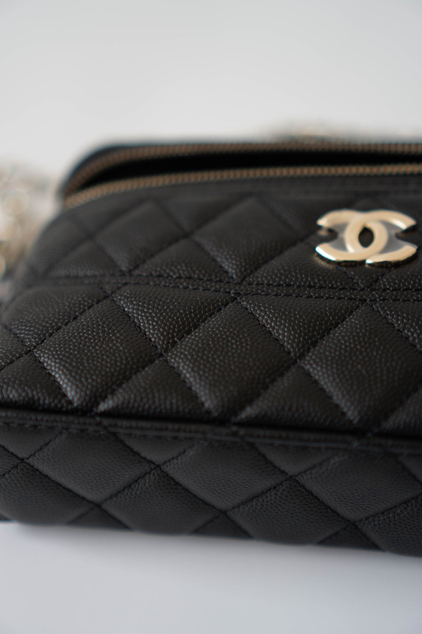 Top Handle Slim Vanity Case – Black Quilted Leather with Gold Hardware