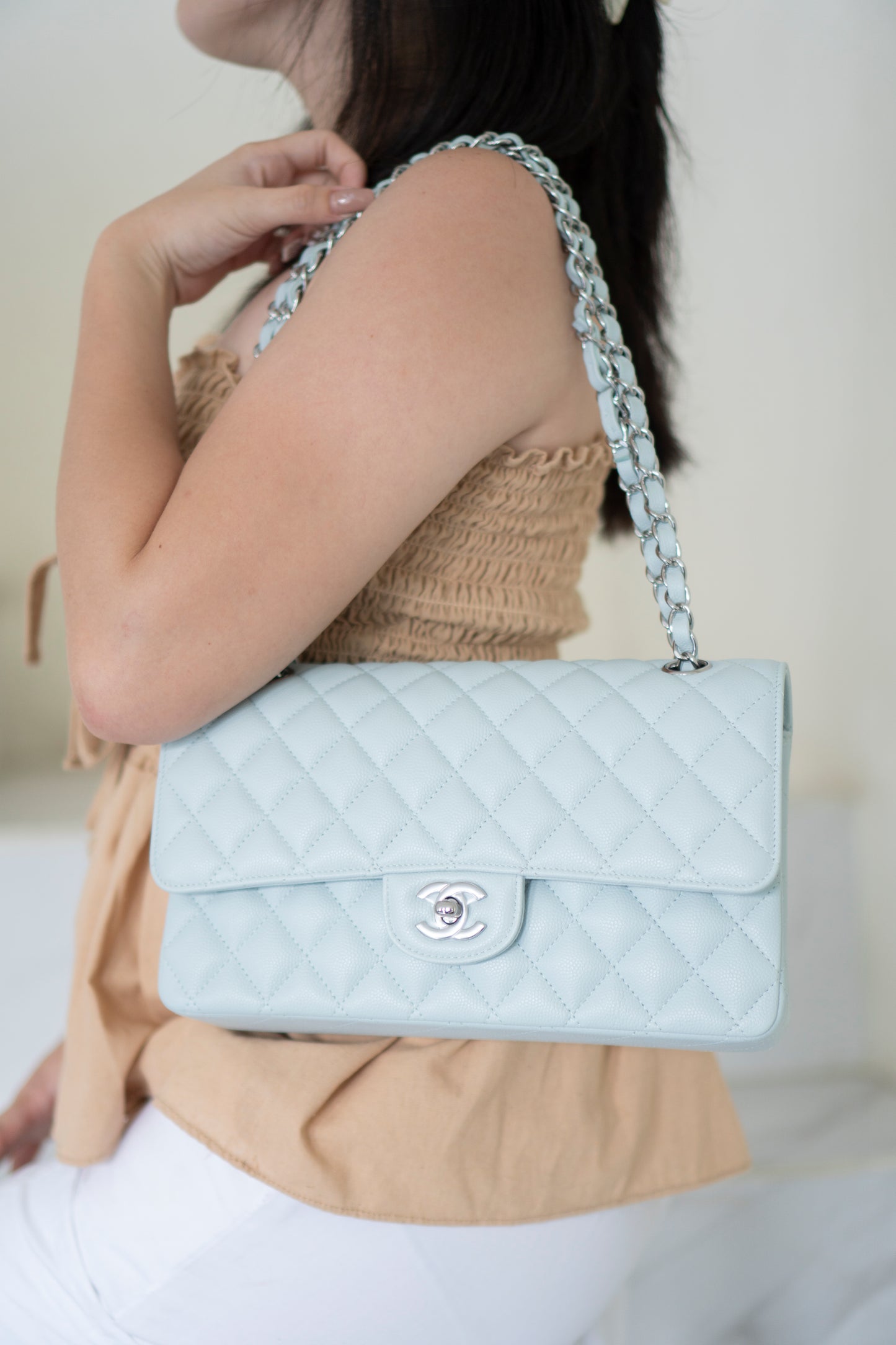 Classic Flap Medium in Light Blue Caviar Leather and Silver Hardware