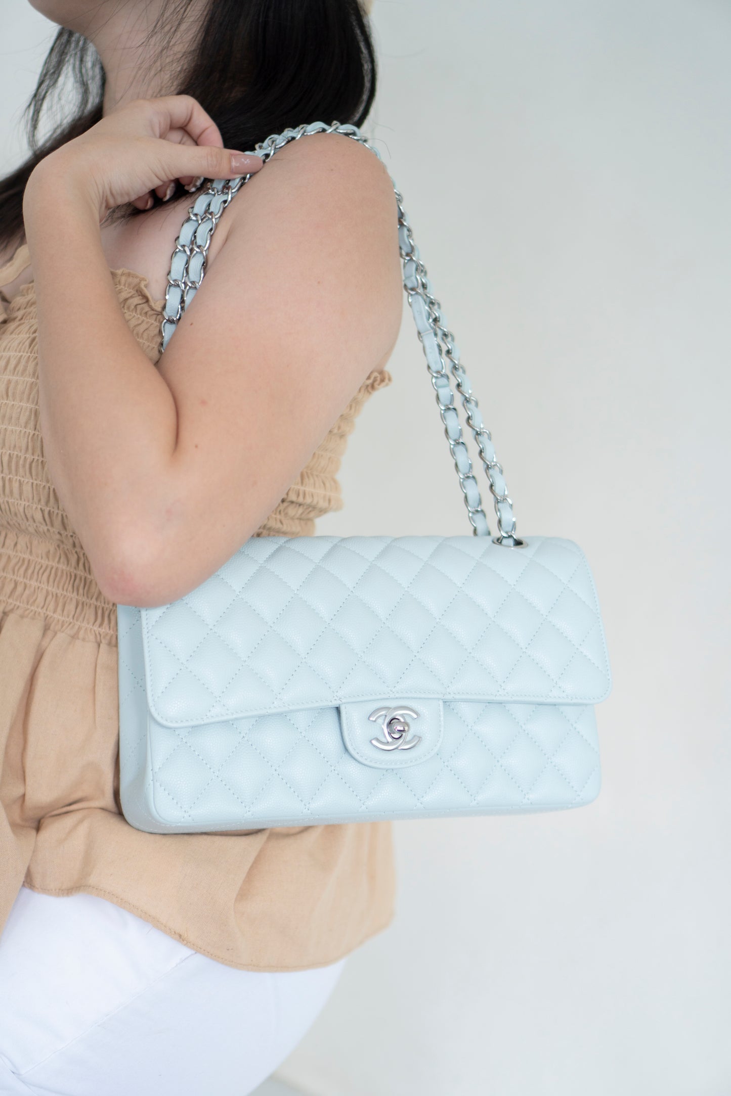 Classic Flap Medium in Light Blue Caviar Leather and Silver Hardware