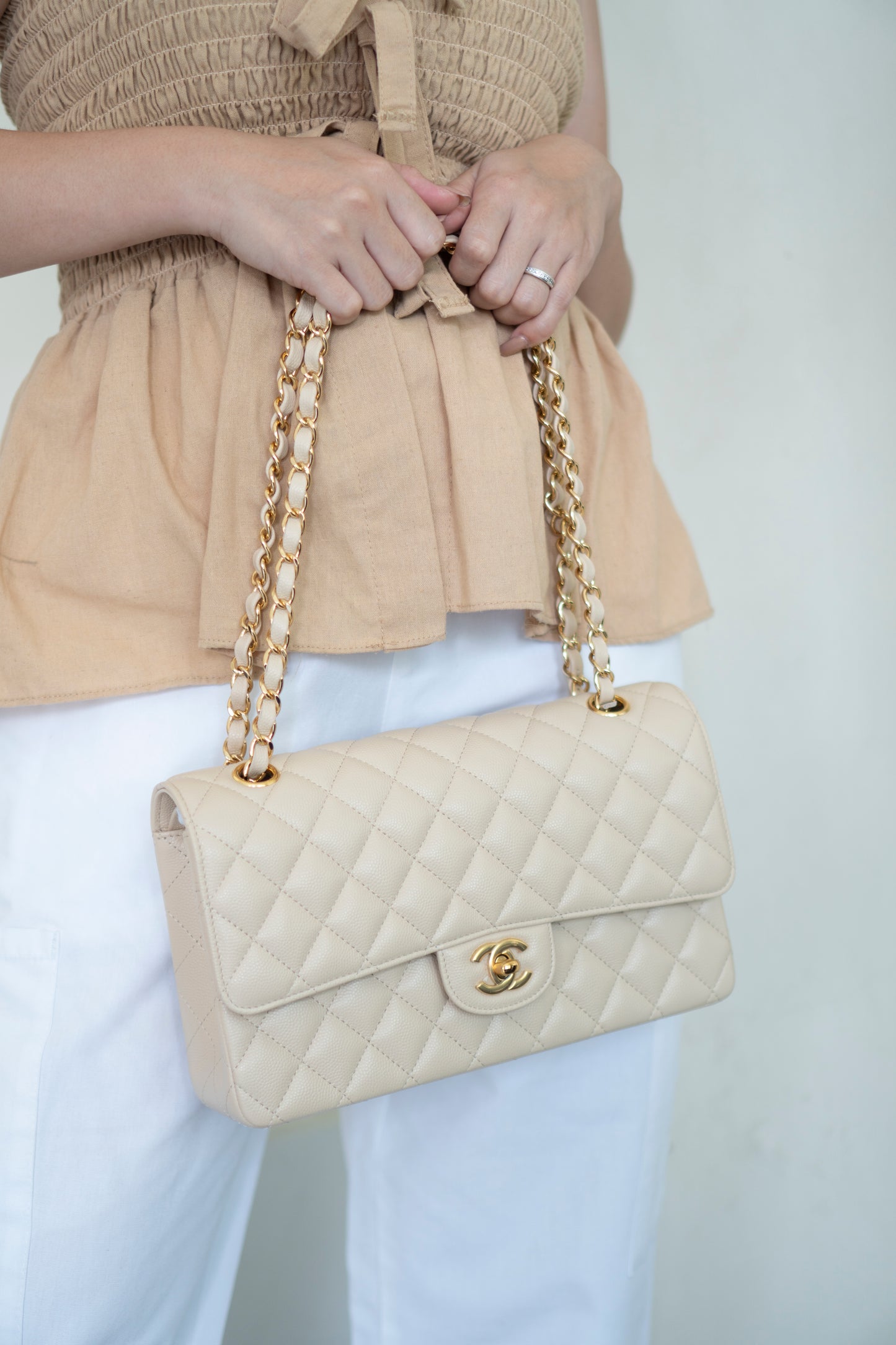 Classic Flap Medium in Light Beige Caviar Leather
